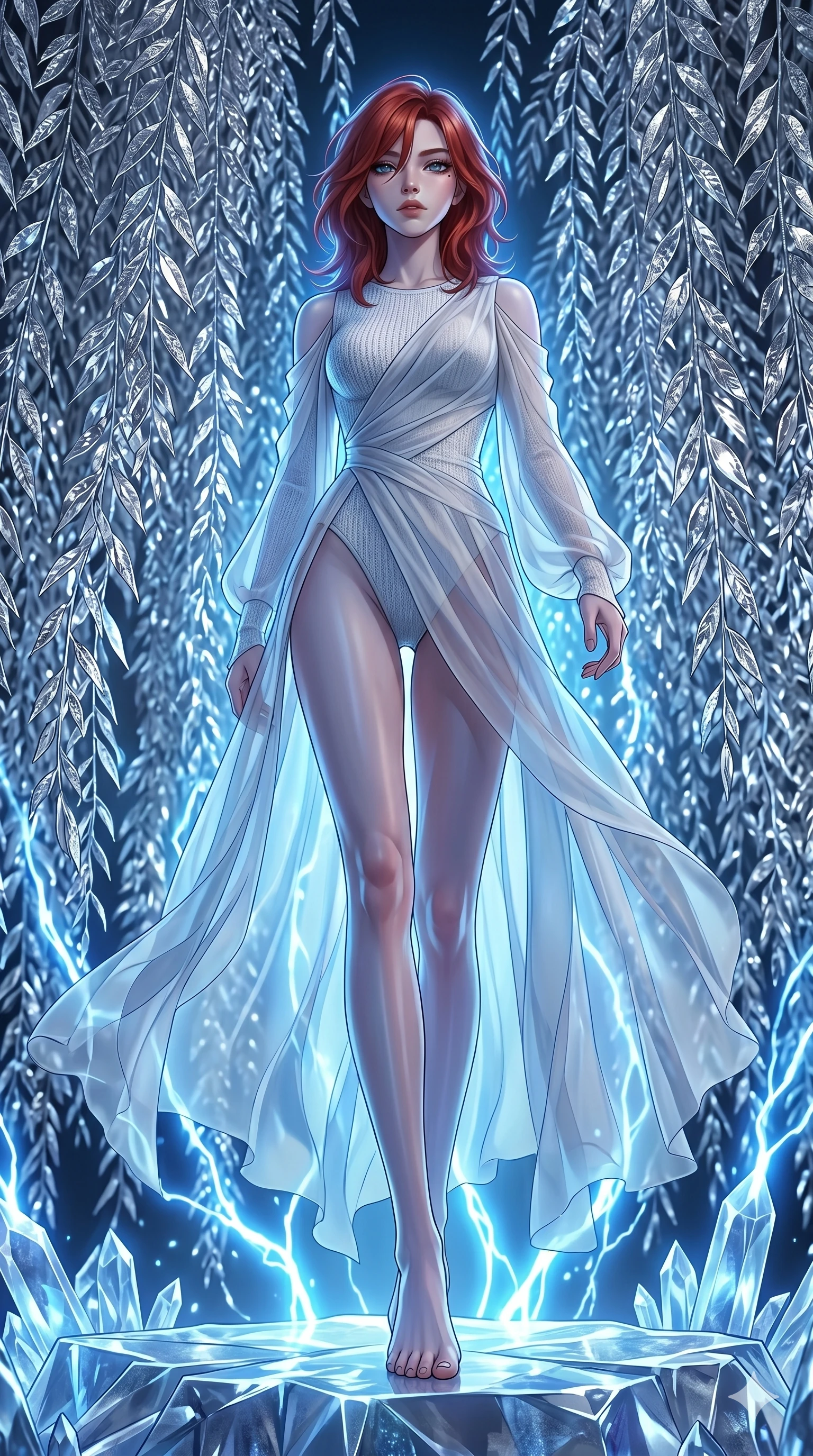 score_9, masterpiece, best quality, ultra-detailed, high-budget anime keyframe, editorial fashion photography, tasteful artistic composition, Korean woman. low angle full-body shot from head to toe showing her feet, filling the entire 9:16 vertical frame with her statuesque presence, stretching her vertical silhouette. Stepping powerfully forward onto an elevated surface within a glowing forest of metallic weeping willows with leaves made of silver foil. She has an absolutely perfect 8-heads proportion, an exceptionally tall and slender female figure with impossibly long slender legs and an ultra-slim waist. V-shaped jawline, high-bridge nose, intricate jewel-like eyes with depth, thick eyelashes, glossy lips with a natural sheen. wearing a fitted white knit bodysuit layered under an asymmetric draped overlay of translucent chiffon that flows dynamically with her movement. highlighted by pulsing electric blue plasma arc lighting from below, casting dramatic upward shadows. 2k, ultra detail, master piece, 9:16 ratio