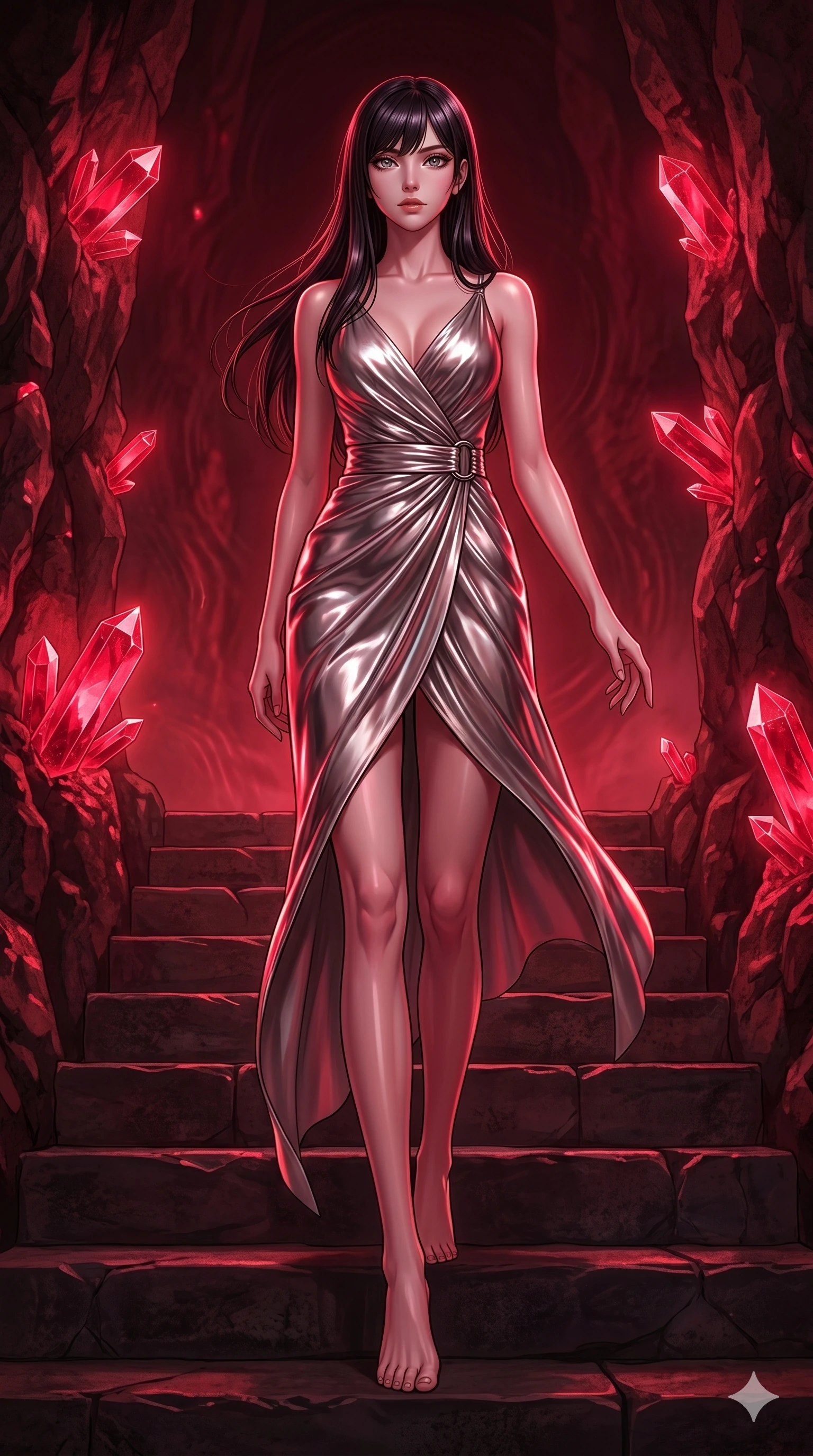 score_9, masterpiece, best quality, ultra-detailed, high-budget anime keyframe, editorial fashion photography, tasteful artistic composition, Caucasian woman, strictly human ears. low angle full-body shot from head to toe showing her feet, filling the entire 9:16 vertical frame with her statuesque presence, stretching her vertical silhouette. Descending a flight of steps with regal poise, one hand trailing gracefully along the air within a mineral sanctuary where glowing red ruby crystals line the walls, as gravity waves create subtle ripples in the atmospheric background. She has an absolutely perfect 8-heads proportion, an exceptionally tall and slender female figure with impossibly long slender legs and an ultra-slim waist. V-shaped jawline, high-bridge nose, intricate jewel-like eyes with depth, thick eyelashes, glossy lips with a natural sheen. wearing a modern wrap dress in liquid mercury fabric with a cinched metal buckle waist and an asymmetric hem. drenched in deep crimson theatrical lighting with sharp specular highlights on every curve. 2k, ultra detail, master piece, 9:16 ratio