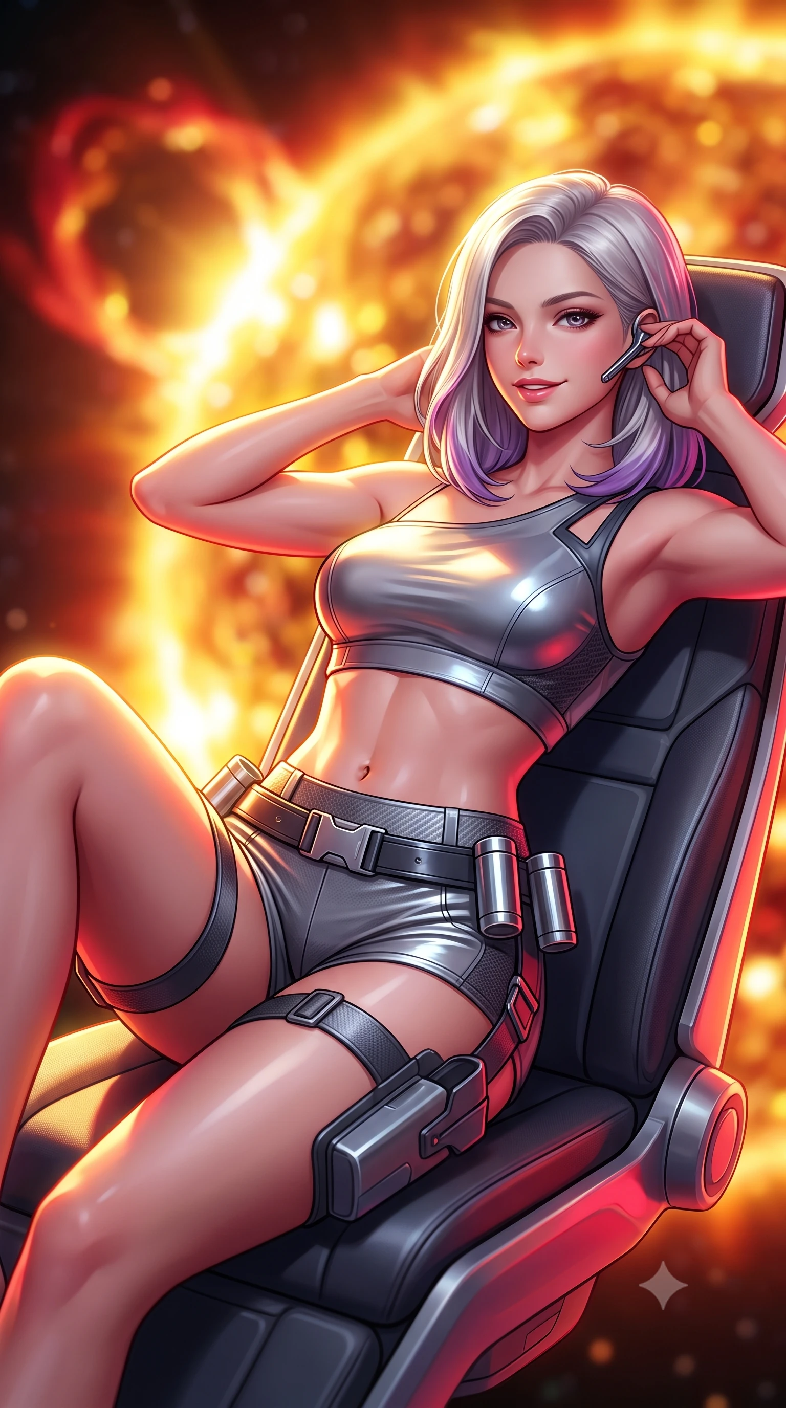 score_9, masterpiece, best quality, ultra-detailed, high-budget anime keyframe, semi-realistic 3D game render, editorial fashion photography, tasteful artistic composition, Caucasian woman. close-up cowboy shot from the waist and thighs up, the character dominates the composition, filling the frame with her large presence. tilting her head with a captivating smile while arching her spine with dancer poise, one hand adjusting her ear comm-link in a flirtatious S-curve while lounging back in the flight recliner propped on one elbow with one knee bent, her flat midriff and long slender limbs glowing in intense orbital light. The background shows a soft-focus the colossal solar corona eruption and dazzling solar prominence arcs blurred into blinding gold, carmine, and copper bokeh. She has an exceptionally elegant, slender, and willowy female figure with an ultra-slim waist, flat toned midriff, narrow ribcage, and sculpted feminine hips creating an alluring, slim hourglass silhouette without bulk. sharp v-shaped jawline, high-bridge nose, intricate jewel-like sparkling eyes with depth, thick eyelashes, glossy parted lips with a natural sheen, bright confident smile with an enchanting and coquettish sensual glint, exuding both youthful magnetic charm and sovereign high-tech allure, flawlessly proportioned anatomical accuracy, strict slender model proportions, natural body alignment, perfectly sculpted long slender limbs, ultra-slim waistline, clean dynamic posture without body distortion. wearing a high-tech mechanic crop top with asymmetric shoulder straps paired with ultra-fitted tactical hot-pants and thigh holsters in reflective liquid mercury and matte phantom grey, crafted from lightweight aerodynamic matte carbon-fiber weave with structural stiffness, accented with a sleek utility belt with polished magnetic canisters resting loosely on her curvy hips, the high-waisted tailoring accentuating her ultra-slim waistline and the enchanting curve of her feminine hips with alluring dark charm. bathed in intense yellow and crimson light flares from the erupting sun casting dynamic reflections. highly saturated vibrant anime colors, detailed shading with soft gradients, rich glossy textures, high-contrast stereoscopic depth, volumetric dynamic lighting, master piece, 9:16 ratio