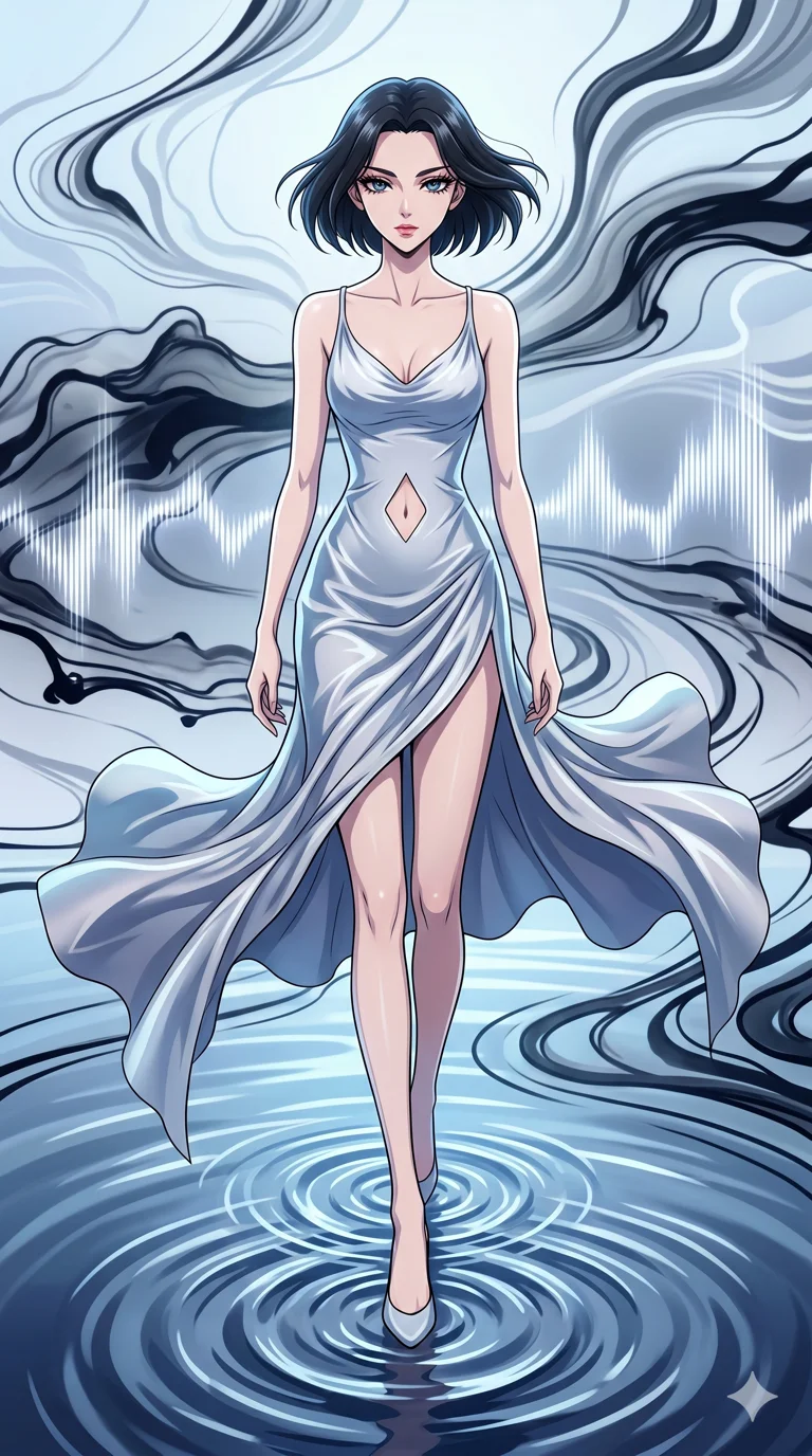 score_9, masterpiece, best quality, ultra-detailed, High-budget Anime Keyframe, vibrant colors, fluid line-art, expressive lighting, cinematic composition, Ufotable-style visual effects, top-tier animation quality, Japanese woman with delicate and elegant anime-inspired features. Medium shot from the thighs up, her commanding presence occupying two-thirds of the frame. Walking upon a surface of vibrating fluid that reacts to her every step with geometric ripples. She has an absolutely perfect 8-heads proportion, an exceptionally tall and slender female figure with impossibly long slender legs and an ultra-slim waist, her statuesque height and towering silhouette dominating the vertical 9:16 frame. Her face is a masterpiece featuring a sharp v-shaped jawline, high-bridge nose, intricate jewel-like eyes with depth, thick eyelashes, and glossy lips with a natural sheen. She is wearing a Flowing silk gown that ripples like liquid, featuring a small diamond-shaped cutout at the navel. The scene is set in an abstract digital ocean where the water is made of flowing ink and sound waves. 2k, ultra detail, master piece, 9:16 ratio