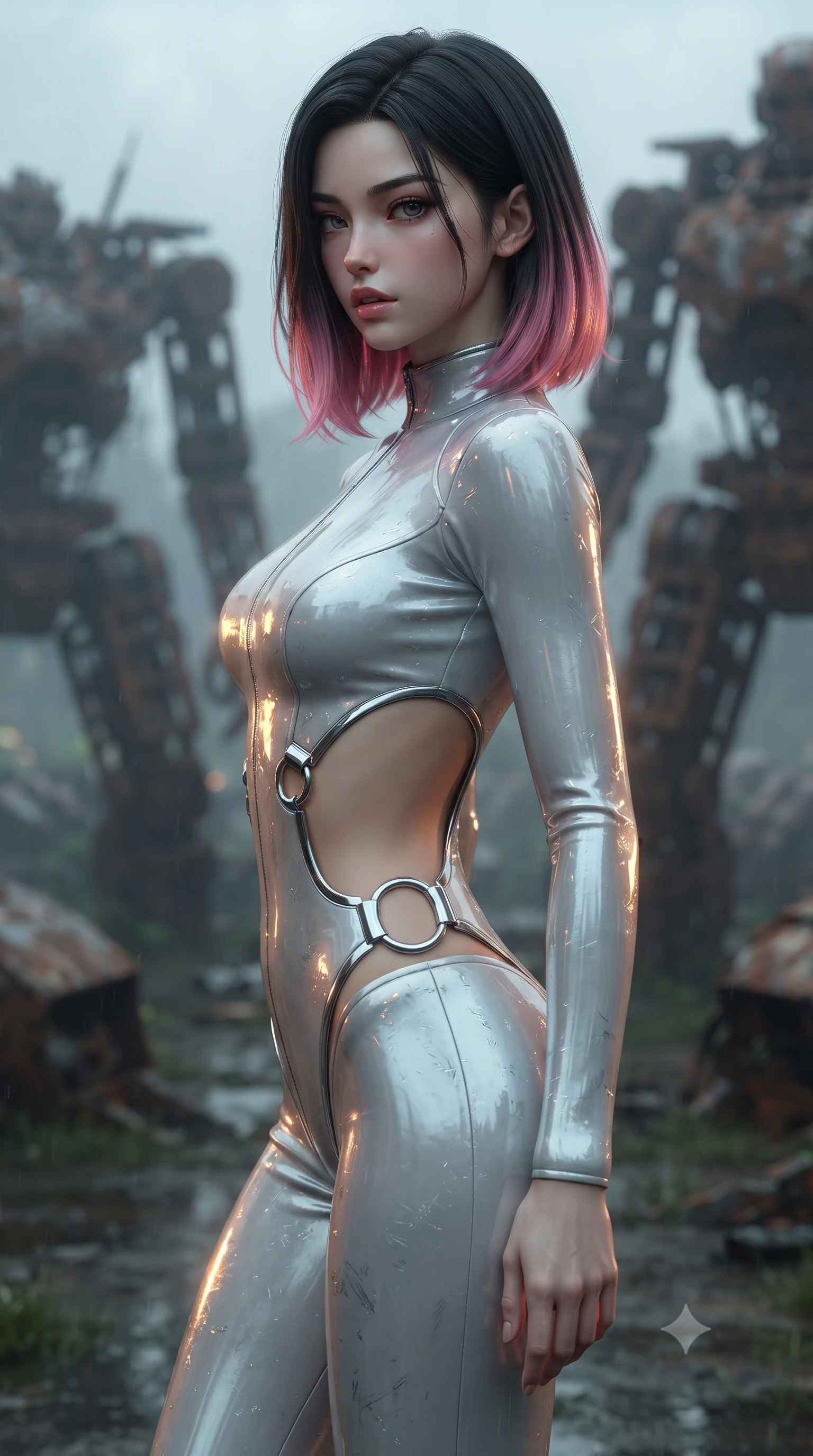 score_9, masterpiece, best quality, ultra-detailed, high-budget anime keyframe, editorial fashion photography, tasteful artistic composition, Korean woman. close-up cowboy shot from the waist and thighs up, the character dominates the composition, filling the frame with her large presence, background elements kept in soft focus. turning her face in profile to look over her shoulder, casting a smoldering side gaze with lips slightly parted, the background shows a soft-focus a graveyard of rusted mech skeletons with massive exposed steel frames. She has an exceptionally elegant, slender, and willowy female figure with an ultra-slim waist, a gracefully sculpted slender torso, and a refined silhouette. sharp v-shaped jawline, high-bridge nose, intricate jewel-like eyes with depth, thick eyelashes, glossy lips with a natural sheen. wearing a form-contouring light carbon-plate combat bodysuit featuring dramatic geometric open-waist cutouts framed by chrome ring hardware. flickering amber warning lights reflecting off wet scrap metal surfaces. ultra-reflective glossy finish, specular highlights, metallic sheen, high-contrast stereoscopic depth, volumetric dynamic lighting, 2k, ultra detail, master piece, 9:16 ratio
