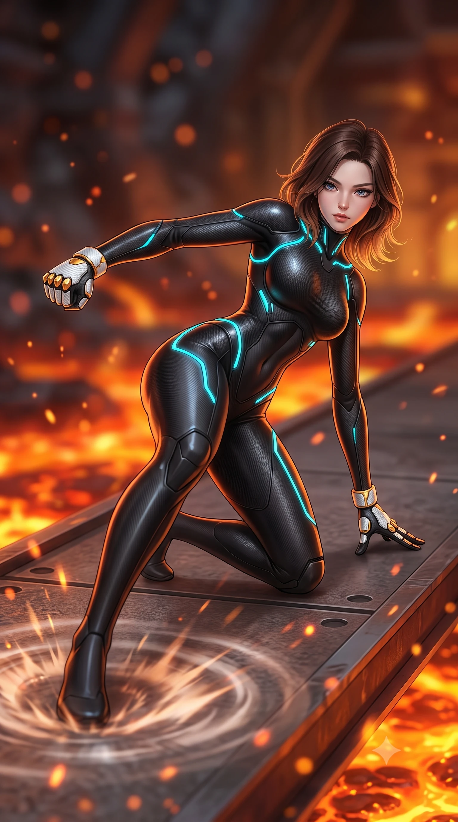 score_9, masterpiece, best quality, ultra-detailed, high-budget anime keyframe, semi-realistic 3D game render, editorial fashion photography, tasteful artistic composition, Korean woman. low angle full-body shot from head to toe showing her feet, filling the entire 9:16 vertical frame with her statuesque presence, stretching her vertical silhouette. landing gracefully from a high-altitude leap on one knee and palm, her statuesque silhouette framed by radial shockwave ripples in the ground while executing a high-speed rotational low sweep kick along a steel catwalk suspended above rivers of glowing geothermal magma. The composition keeps background elements in soft focus with creamy bokeh. bubbling molten magma rivers and drifting orange heat embers blurred into rich fiery amber, crimson, and charcoal bokeh. She has an absolutely perfect, statuesque 8.5-heads proportion, an exceptionally tall and slender model-like female figure with impossibly long slender legs, a toned flat midriff, and an ultra-slim waist. sharp v-shaped jawline, high-bridge nose, intricate jewel-like eyes with depth, thick eyelashes, glossy lips with a natural sheen, flawlessly proportioned anatomical accuracy, strict slender model proportions, natural body alignment, perfectly sculpted long slender limbs, ultra-slim waistline, clean dynamic posture without body distortion. wearing a high-mobility matte-black carbon-fiber combat bodysuit with glowing neon cyan kinetic conduits and Damascus-textured knuckle guards in arctic white carbon composite with radiant solar gold plating, made of lightweight aerodynamic carbon-titanium alloy with polished edge bevels, accented with glowing fiber-optic conduits tracing her collarbones and hip curves, the liquid-tight tailored fabric emphasizing every curve of her tall, slender model proportions and sculptured silhouette during dynamic movement. bathed in blazing orange magma uplights and warm amber reactor ambient radiance. rich saturated anime colors with glowing neon highlights, detailed shading with soft gradients, rich glossy textures, high-contrast stereoscopic depth, volumetric dynamic lighting, master piece, 9:16 ratio