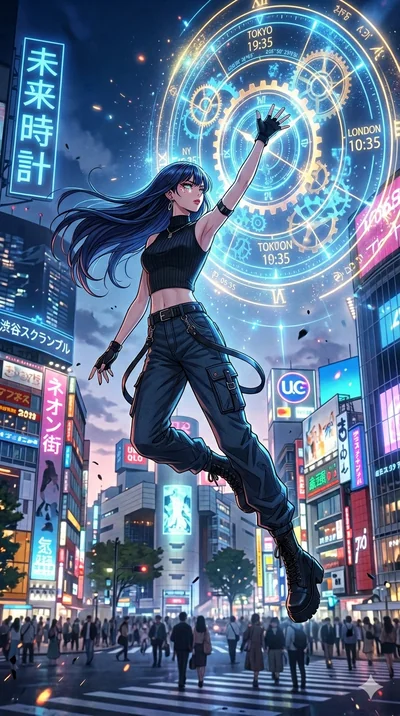 score_9, masterpiece, best quality, ultra-detailed, high-budget anime movie keyframe, cinematic anime lighting, intricate line art, Japanese anime girl. Mid-air action shot capturing a graceful twist and vertical silhouette. interfacing with a giant 