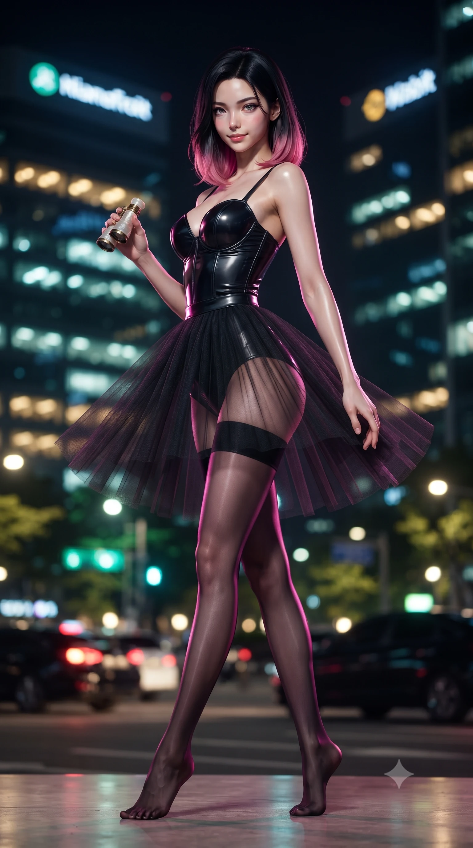 score_9, masterpiece, best quality, ultra-detailed, high-budget anime keyframe, editorial fashion photography, tasteful artistic composition, Korean woman. low angle full-body shot from head to toe showing her feet, filling the entire 9:16 vertical frame with her statuesque presence, stretching her vertical silhouette. executing a slow, graceful pivot turn as her skirt sways around her slender legs, glancing back with an enchanting, teasing sensual expression while twisting her slender torso in an alluring contrapposto stance, night city lights reflecting off her form-fitting outfit and curvy hips. The background shows a soft-focus financial district illuminated logos, glass office towers, and moving midnight traffic blurred into gold, emerald, and cobalt bokeh. She has an absolutely perfect, statuesque 8.5-heads proportion, an exceptionally tall and slender model-like female figure with impossibly long slender legs, an ultra-slim waist, a flat toned midriff, narrow delicate ribcage, and beautifully sculpted feminine hips creating a graceful, slim hourglass silhouette without any bulky heaviness. sharp v-shaped jawline, high-bridge nose, sparkling eyes with hypnotic seductive depth, thick curled eyelashes, glossy parted lips with a natural dewy peach sheen, alluring bedroom-eyes with an enchanting coquettish smile, exuding magnetic siren charisma and sophisticated glamour, flawlessly proportioned anatomical accuracy, strict slender model proportions, natural body alignment, perfectly sculpted long slender limbs, ultra-slim waistline, clean dynamic posture without body distortion. wearing a plunging sweetheart-neckline boned satin ballet bustier paired with an ultra-short sheer tulle micro-tutu and silk stockings in wet-look onyx black with electric magenta reflections, made of semi-opaque stretch illusion mesh with soft shadowy contours, accented with an antique mother-of-pearl opera glass held casually in one hand, the glove-like clinging cut tightly following the natural contour of her hips and long slender legs with youthful 8.5-heads elegance. illuminated by glass window reflection bounce and sharp platinum rim lights sculpting her jawline, ultra-slim waist, and curvy hips. ultra-reflective glossy finish, specular highlights, rich textural contrasts, high-contrast stereoscopic depth, volumetric dynamic lighting, 2k, ultra detail, master piece, 9:16 ratio