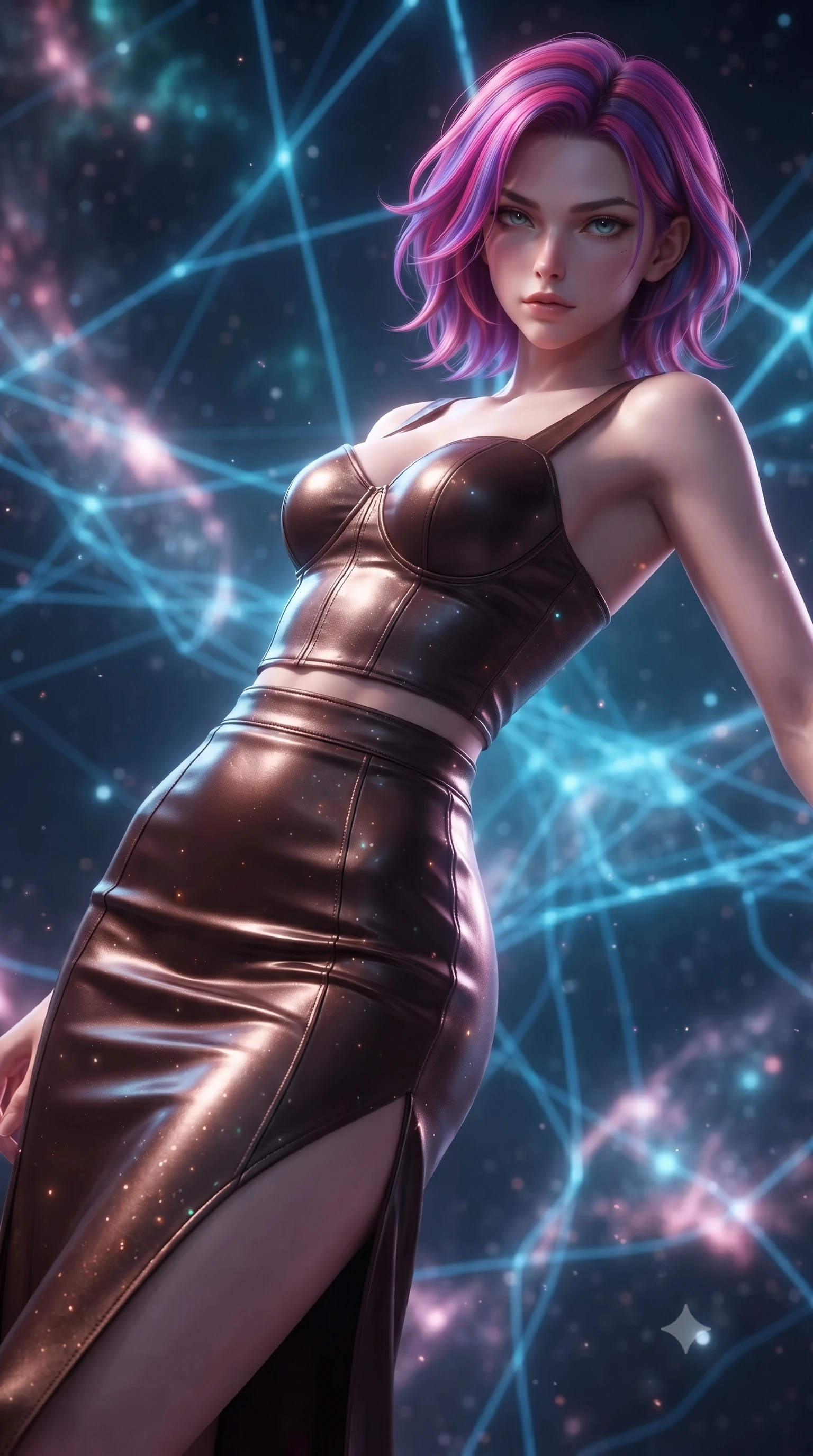 score_9, masterpiece, best quality, ultra-detailed, high-budget anime keyframe, editorial fashion photography, tasteful artistic composition, realistic cosplay photography, Caucasian woman, strictly human ears. close-up cowboy shot from the waist and thighs up, the character dominates the composition, filling the frame with her large presence, background elements kept in soft focus. Leaning back to dodge a fast strike with fluid grace, casting a cold side-glare. set against a soft-focus background of a magical dimension where thousands of glowing blue thread-lines are weaving into a complex cosmic map in the air. She has an exceptionally elegant and slender, willowy female figure with an ultra-slim waist, a gracefully sculpted slender torso, and a refined slim physique. sharp v-shaped jawline, high-bridge nose, intricate jewel-like eyes with depth, thick eyelashes, glossy lips with a natural sheen. wearing catching and diffusing the glowing particles, shimmering softly in response to the surrounding light, a tailored fitted bustier top in dark chocolate brown leather, paired with a matching high-waisted midi skirt with a high side slit. starlight and nebula glow casting soft cosmic pink and cyan highlights on her form. ultra-reflective glossy finish, specular highlights, metallic sheen, high-contrast stereoscopic depth, volumetric dynamic lighting, 2k, ultra detail, master piece, 9:16 ratio