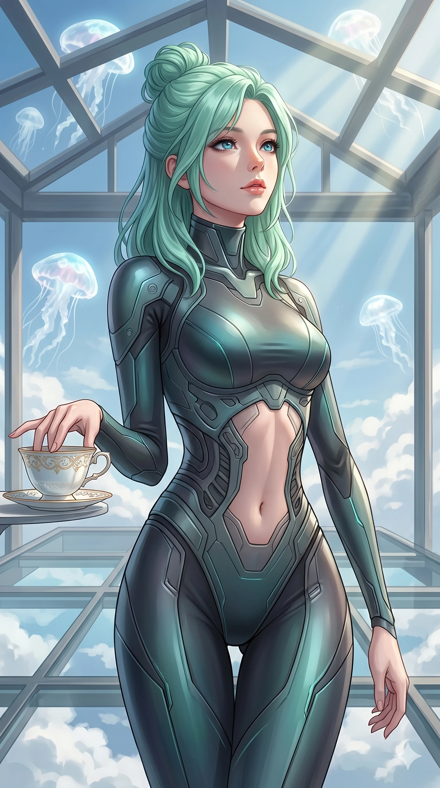 score_9, masterpiece, best quality, ultra-detailed, high-budget anime keyframe, editorial fashion photography, tasteful artistic composition, Japanese woman. cowboy shot from the thighs up, character and outfit filling the frame for maximum editorial presence. resting her fingers on a porcelain tea cup, looking up with a gentle gaze in a sky garden with floating jellyfish clouds (Code-P17-127). She has an absolutely perfect 8-heads proportion, an exceptionally tall and slender female figure with impossibly long slender legs and an ultra-slim waist. V-shaped jawline, high-bridge nose, intricate jewel-like eyes with depth, thick eyelashes, glossy lips with a natural sheen. wearing a cybernetic sleek form-fitting suit with sculpted midriff and elegant neck. soft morning sunbeams filtering through the skylight, highlighting her high-bridge nose. 2k, ultra detail, master piece, 9:16 ratio