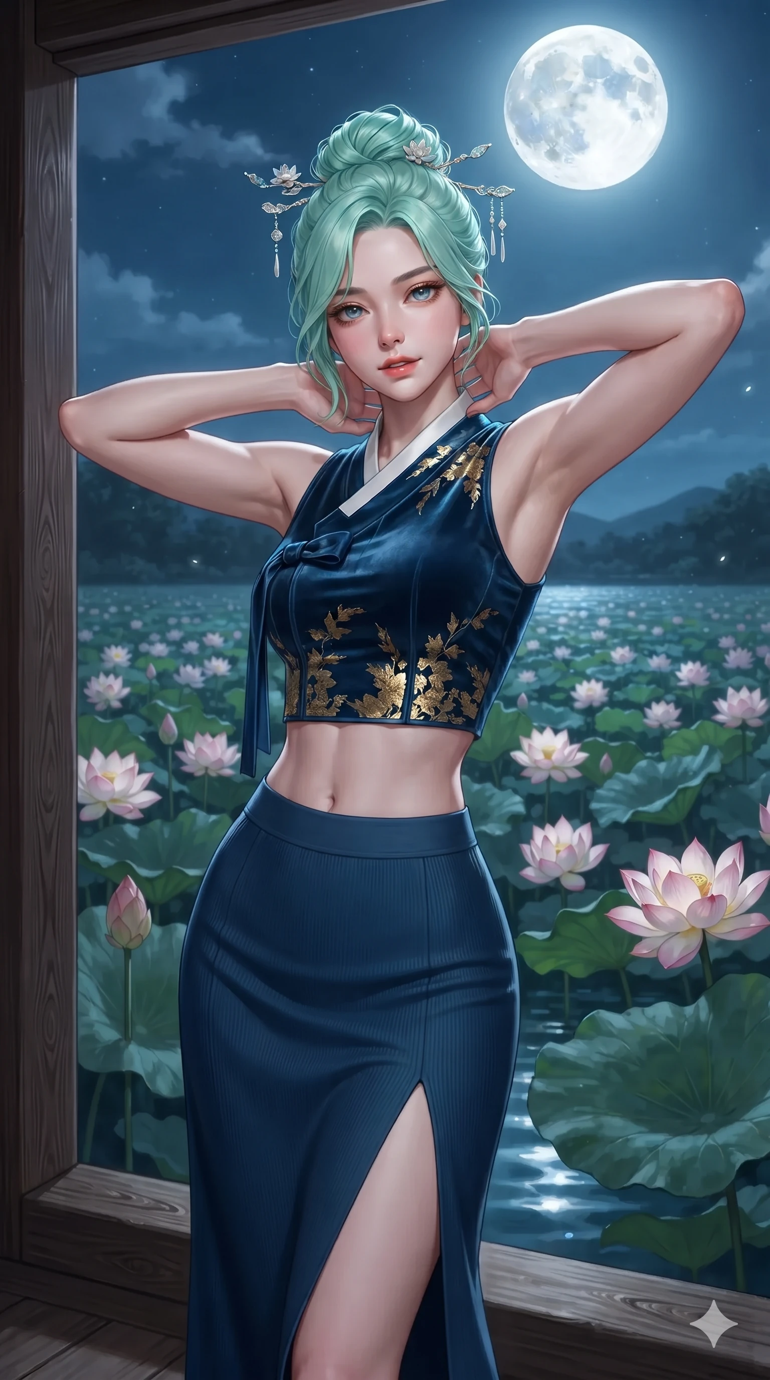score_9, masterpiece, best quality, ultra-detailed, high-budget anime keyframe, editorial fashion photography, tasteful artistic composition, Japanese woman. close-up cowboy shot from the waist and thighs up, the character dominates the composition, filling the frame with her large presence. resting both hands lightly behind her neck with elbows raised, arching her spine to highlight her narrow waist, flat midriff, and breathtaking collarbones while standing poised at the edge of the open-air pavilion, looking out over the blooming lotus blossoms with sleepy, seductive bedroom-eyes. The surrounding environment is rendered in vivid detail and crisp panoramic clarity: sharp carved wood grain texture, water ripple reflections of the full moon, and crisp lotus leaf veins in deep focus. She has an exceptionally elegant, slender, and willowy female figure with an ultra-slim waist, flat toned midriff, narrow ribcage, and sculpted feminine hips creating an alluring, slim hourglass silhouette without bulk. sharp v-shaped jawline, high-bridge nose, sparkling eyes with hypnotic seductive depth, thick curled eyelashes, glossy parted lips with a natural dewy peach sheen, alluring bedroom-eyes with an enchanting coquettish smile, exuding magnetic siren charisma and sophisticated glamour, flawlessly proportioned anatomical accuracy, strict slender model proportions, natural body alignment, perfectly sculpted long slender limbs, ultra-slim waistline, clean dynamic posture without body distortion. wearing a tailored silk velvet hanbok corset top paired with an ankle-length fluid chima skirt with a thigh-high slit in deep ocean cobalt and shimmering gold leaf, tailored from fine ribbed modal knit with gentle elastic contouring and soft hand-feel, finished with delicate mother-of-pearl hairpin ornaments glinting in her dark glossy hair, the impeccably tailored cut draping gracefully along her slender figure with aristocratic eastern poise. bathed in pure silver moonlight cascading directly from the harvest full moon above. ultra-reflective glossy finish, specular highlights, rich textural contrasts, high-contrast stereoscopic depth, volumetric dynamic lighting, 2k, ultra detail, master piece, 9:16 ratio