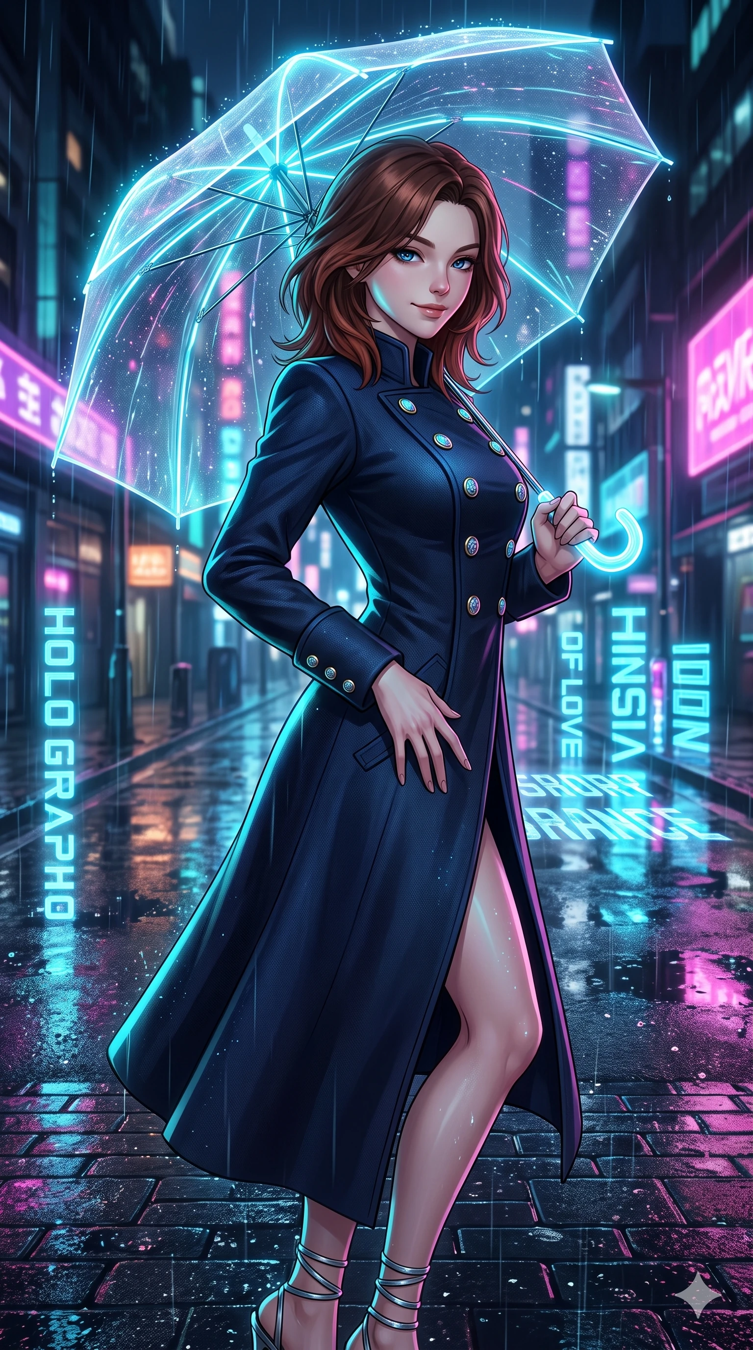 score_9, masterpiece, best quality, ultra-detailed, high-budget anime keyframe, editorial fashion photography, tasteful artistic composition, Korean woman. close-up cowboy shot from the waist and thighs up, the character dominates the composition, filling the frame with her large presence. tilting her head with a teasing half-smile, running one hand slowly down the side of her hip in a flirtatious S-curve as ambient light caresses her silhouette while standing poised on the wet asphalt boulevard beneath a glowing translucent umbrella with laser ribs, arching her lower back with sovereign supermodel allure as rain droplets scatter neon light. The surrounding environment is rendered in vivid detail and crisp panoramic clarity: sharp wet asphalt paver reflections, luminous umbrella fiber-optic ribs, and razor-sharp holographic typography in deep focus. She has an exceptionally elegant, slender, and willowy female figure with an ultra-slim waist, flat toned midriff, narrow ribcage, and sculpted feminine hips creating an alluring, slim hourglass silhouette without bulk. sharp v-shaped jawline, high-bridge nose, intricate jewel-like sparkling eyes with depth, thick eyelashes, glossy parted lips with a natural peach sheen, bright cheerful beaming smile with an enchanting and coquettish sensual glint, exuding both youthful cute charm and seductive allure, flawlessly proportioned anatomical accuracy, strict slender model proportions, natural body alignment, perfectly sculpted long slender limbs, ultra-slim waistline, clean dynamic posture without body distortion. wearing a structured high-collar Victorian opera greatcoat in midnight navy wool with polished brass crest buttons in glacial aurora cyan and starlight silver, tailored from high-density tech-wool with subtle metallic thread weave, complemented by strappy stiletto sandals with metallic ankle wraps accentuating her slender calves, the bespoke structured tailoring following the natural line of her 8.5-heads silhouette with refined elegance. illuminated by wet asphalt reflection bounce and sharp laser-cyan rim lights sculpting her razor-sharp jawline, narrow waist, and curvy hips. ultra-reflective glossy finish, specular highlights, rich textural contrasts, high-contrast stereoscopic depth, volumetric dynamic lighting, 2k, ultra detail, master piece, 9:16 ratio