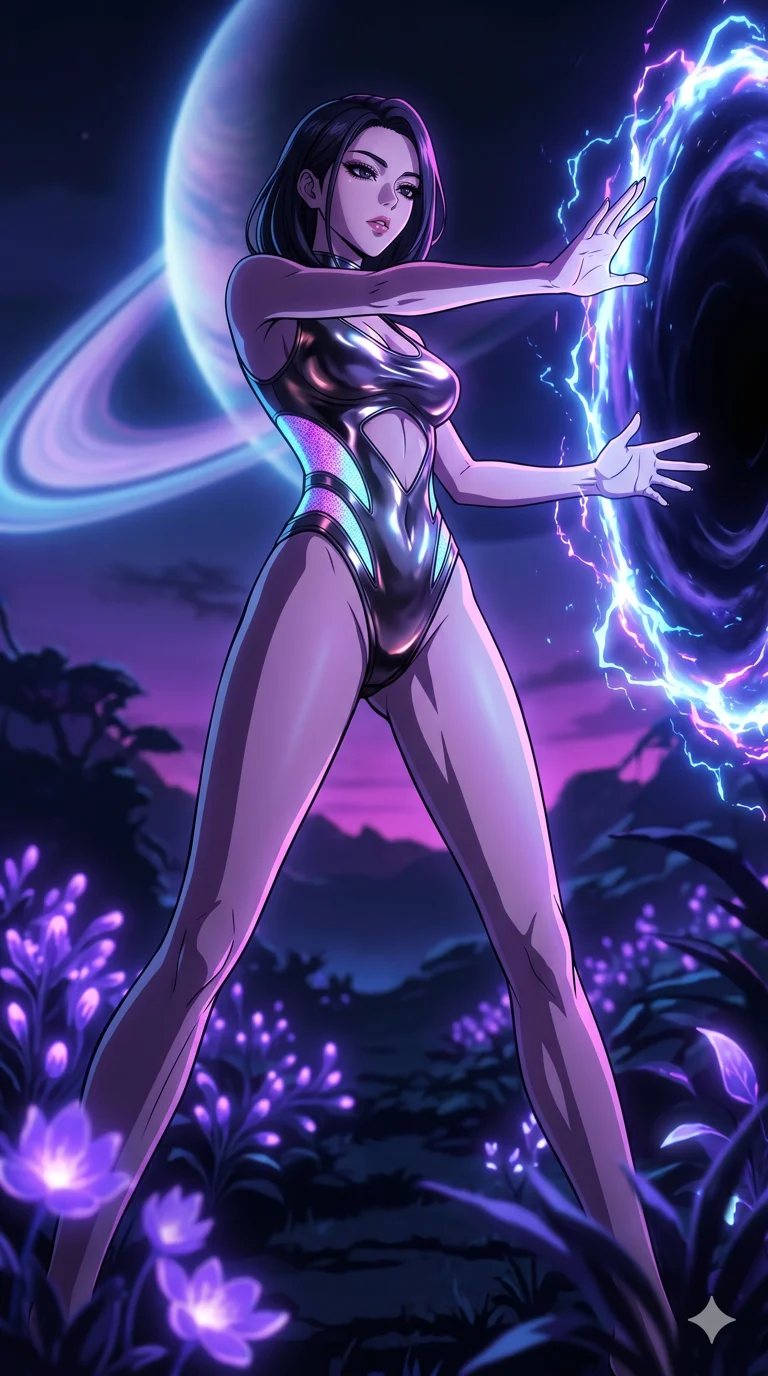 score_9, masterpiece, best quality, ultra-detailed, High-budget Anime Keyframe, vibrant colors, fluid line-art, expressive lighting, cinematic composition, Ufotable-style visual effects, top-tier animation quality, Korean woman with idol-like refined features. Cinematic low angle perspective showcasing her towering height and perfect 8-heads proportion. Summoning a swirling portal to another dimension with her bare hands, the edges of the rift crackling with unstable energy. She has an absolutely perfect 8-heads proportion, an exceptionally tall and slender female figure with impossibly long slender legs and an ultra-slim waist, her statuesque height and towering silhouette dominating the vertical 9:16 frame. Her face is a masterpiece featuring a sharp v-shaped jawline, high-bridge nose, intricate jewel-like eyes with depth, thick eyelashes, and glossy lips with a natural sheen. She is wearing a Molten metal-look bodysuit with daring cut-outs and a high-cut silhouette crafted from Fluorescent mesh that glows brightly under neon light, highlighting her silhouette, with sheer fabric transparency over her delicate curves and a high-cut silhouette. The scene is set in a mysterious alien planet with bioluminescent purple flora and a giant ringed planet in the sky, illuminated by harsh neon light and deep shadows creating a high-contrast noir aesthetic. 2k, ultra detail, master piece, 9:16 ratio
