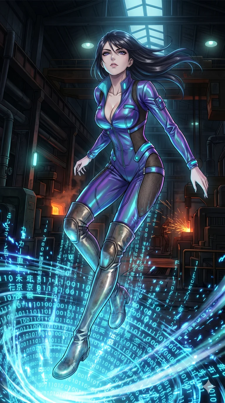 score_9, masterpiece, best quality, ultra-detailed, High-budget Anime Keyframe, vibrant colors, fluid line-art, expressive lighting, cinematic composition, Ufotable-style visual effects, top-tier animation quality, Japanese woman with delicate and elegant anime-inspired features. Low angle cowboy shot filling the entire 9:16 frame with her statuesque presence, looking up to emphasize her height. Diving into a vast sea of digital code and liquid light, her form becoming one with the stream of information. She has an absolutely perfect 8-heads proportion, an exceptionally tall and slender female figure with impossibly long slender legs and an ultra-slim waist, her statuesque height and towering silhouette dominating the vertical 9:16 frame. Her face is a masterpiece featuring a sharp v-shaped jawline, high-bridge nose, intricate jewel-like eyes with depth, thick eyelashes, and glossy lips with a natural sheen. She is wearing a Sci-fi pilot flight suit with an open collar and strategically placed mesh panels crafted from Iridescent vinyl with a futuristic sheen that shifts between violet and cyan, accompanied by sensual fishnet stockings and thigh-high metallic boots. The scene is set in a gritty industrial factory with glowing molten metal, flying sparks, and deep shadows, illuminated by soft bioluminescent glow from the environment casting ethereal colors on her skin. 2k, ultra detail, master piece, 9:16 ratio