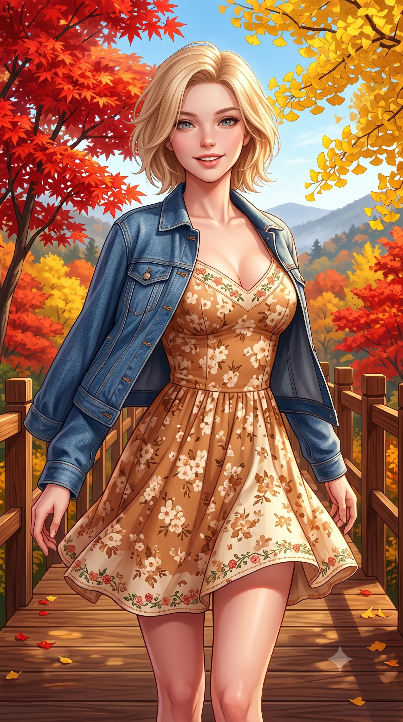 score_9, masterpiece, best quality, ultra-detailed, high-budget anime keyframe, semi-realistic 3D game render, editorial fashion photography, tasteful artistic composition, Caucasian woman. close-up cowboy shot from the waist and thighs up, the character dominates the composition, filling the frame with her large presence. smiling warmly with slightly parted glossy lips and a lovely expression, her upper body turning dynamically toward the camera while walking along a secluded wooden boardwalk surrounded by blazing scarlet maple trees and golden ginkgo foliage. The surrounding environment is rendered in vivid detail and crisp panoramic clarity. vibrant autumn forest gradients, distant misty mountain ridges, and clear blue autumn skies in high clarity. She has an exceptionally elegant, slender, and willowy female figure with an ultra-slim waist, a gracefully sculpted slender torso, toned flat midriff, and a refined slim silhouette. sharp v-shaped jawline, high-bridge nose, intricate jewel-like eyes with depth, thick eyelashes, glossy lips with a natural sheen, pure and lovely fresh girlhood expression, flawlessly proportioned anatomical accuracy, strict slender model proportions, natural body alignment, perfectly sculpted long slender limbs, ultra-slim waistline, clean dynamic posture without body distortion. wearing a classic denim jacket worn lightly over shoulders with a floral print slip dress underneath in warm caramel and cream vanilla, tailored from crisp organic cotton poplin, complemented by subtle floral embroidery along the neckline and hem, the soft airy drape swaying gracefully with her dynamic movements, emphasizing her tall willowy build and slim waistline. bathed in warm amber afternoon autumn sunlight filtering through glowing red and gold canopies. highly saturated vibrant anime colors, detailed shading with soft gradients, rich glossy textures, high-contrast stereoscopic depth, volumetric dynamic lighting, master piece, 9:16 ratio
