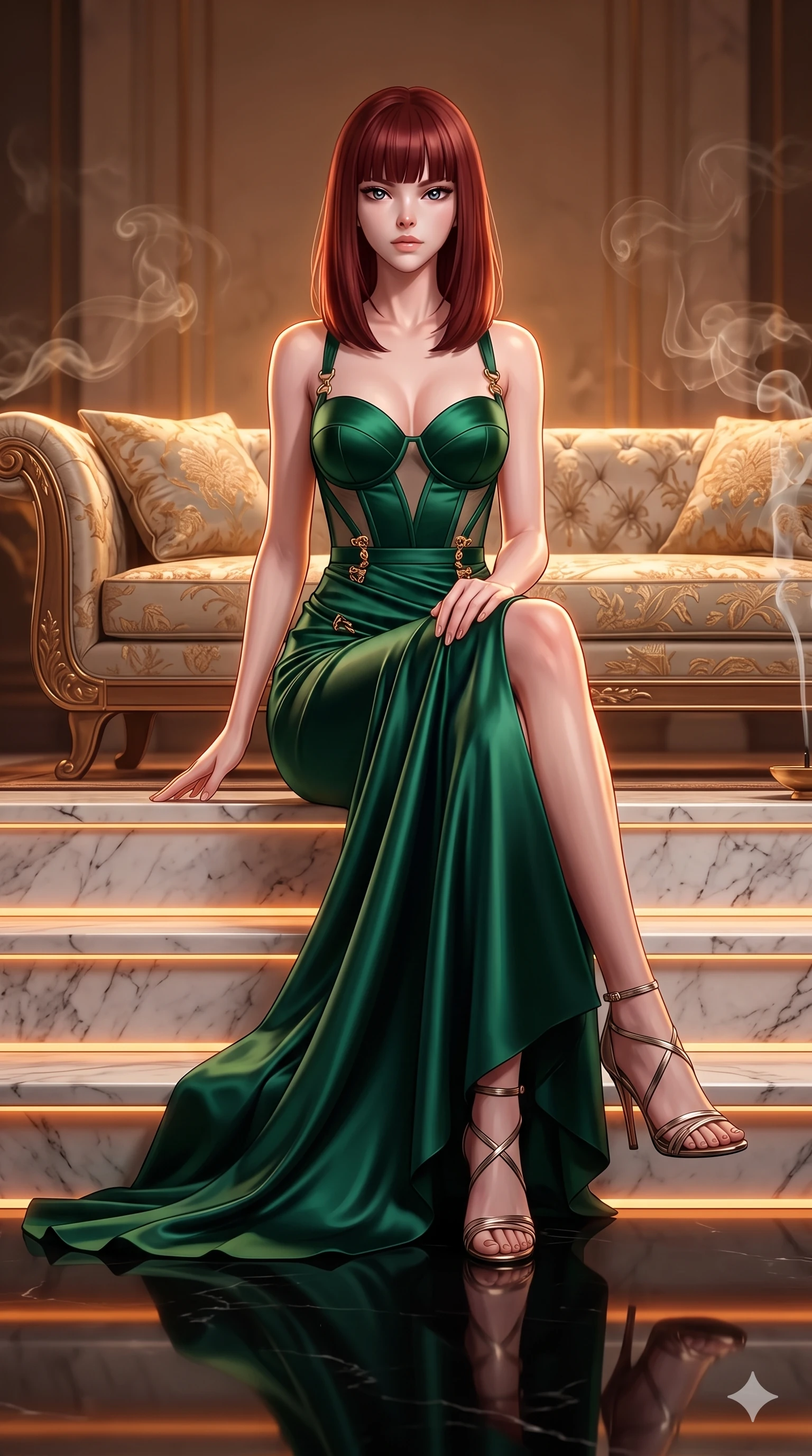 score_9, masterpiece, best quality, ultra-detailed, high-budget anime keyframe, semi-realistic 3D game render, editorial fashion photography, tasteful artistic composition, Caucasian woman. low angle full-body shot from head to toe showing her feet, filling the entire 9:16 vertical frame with her statuesque presence, stretching her vertical silhouette. sitting poised on the Carrara marble steps with one knee bent, arching her spine with supermodel elegance as she glances upward through thick eyelashes while lounging in an embroidered silk divan propped on one elbow with legs crossed, flashing an intoxicating smile with parted glossy lips as incense smoke coils gracefully. The background shows a soft-focus sandalwood incense haze softened in Art Deco grand salon shallow focus. She has an exceptionally tall and slender model-like 8.5-heads proportion, an ultra-slim waist, a flat toned midriff, narrow delicate ribcage, and beautifully sculpted feminine hips creating a graceful, slim hourglass silhouette without any bulky heaviness, with impossibly long slender legs. sharp v-shaped jawline, high-bridge nose, intricate jewel-like sparkling eyes with depth, thick eyelashes, glossy parted lips with a natural sheen, intensely captivating and seductive bedroom-eyes expression, exuding both youthful cute charm and sovereign luxury allure, flawlessly proportioned anatomical accuracy, strict slender model proportions, natural body alignment, perfectly sculpted long slender limbs, ultra-slim waistline, clean dynamic posture without body distortion. wearing an alluring plunging sweetheart bodice dress with sheer mesh side-waist cutouts contouring her ribs in deep emerald green satin and gold hardware accents, made of sheer contouring power-mesh with velvet flocking patterns, complemented by strappy stiletto sandals with metallic ankle wraps accentuating her slender calves, the bespoke structured tailoring following the natural line of her 8.5-heads silhouette with refined elegance. illuminated by black lacquer floor reflections and sharp gold-amber rim lights sculpting her razor-sharp jawline, narrow waist, and curvy hips. highly saturated vibrant anime colors, detailed shading with soft gradients, rich glossy textures, high-contrast stereoscopic depth, volumetric dynamic lighting, master piece, 9:16 ratio