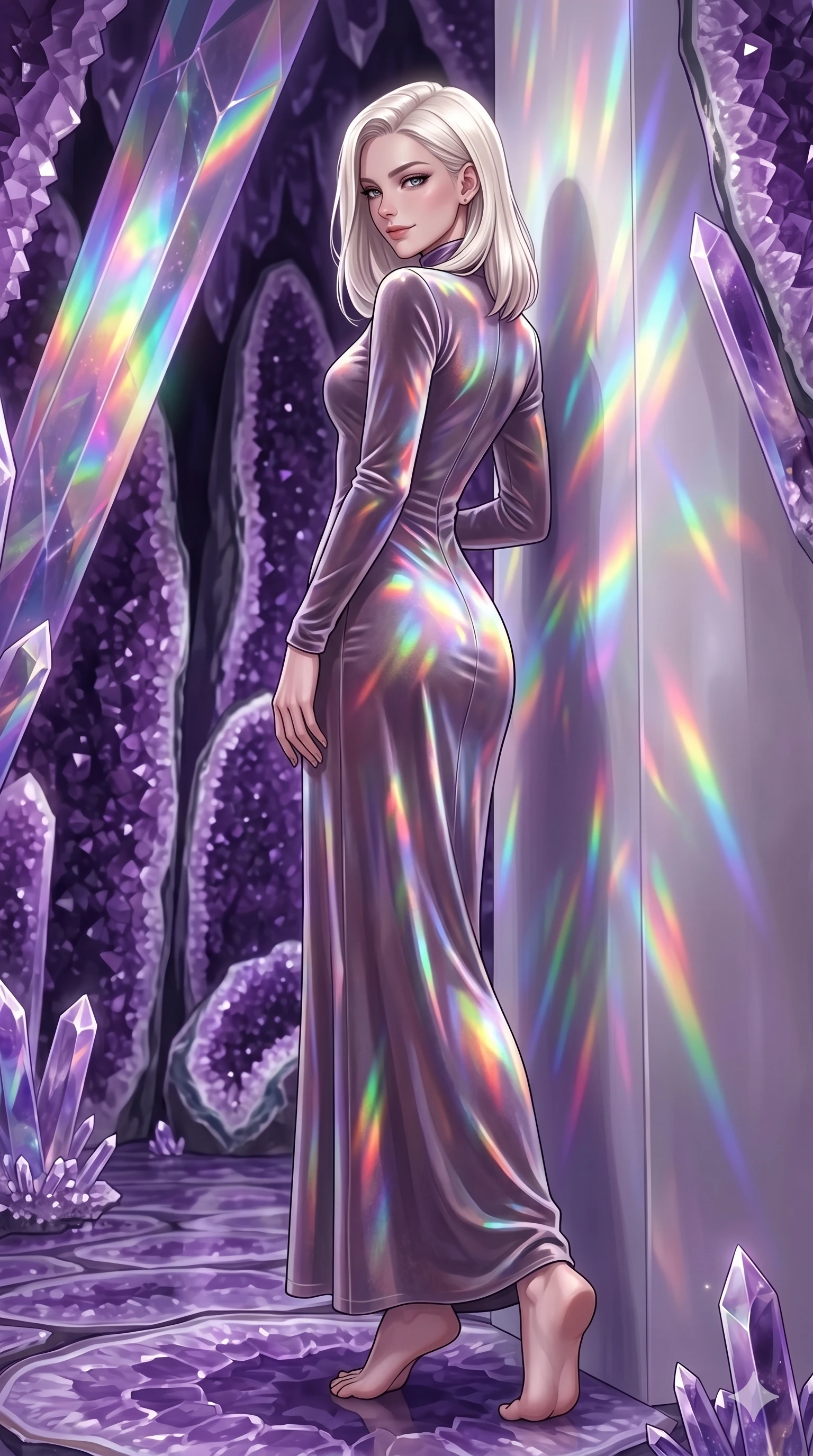 score_9, masterpiece, best quality, ultra-detailed, high-budget anime keyframe, editorial fashion photography, tasteful artistic composition, Caucasian woman, strictly human ears. low angle full-body shot from head to toe showing her feet, filling the entire 9:16 vertical frame with her statuesque presence, stretching her vertical silhouette. leaning against a gallery wall, looking over her shoulder with a smoldering half-smile in a secret crystal cavern filled with towering purple geode formations (Code-P18-029). She has an absolutely perfect 8-heads proportion, an exceptionally tall and slender female figure with impossibly long slender legs and an ultra-slim waist. V-shaped jawline, high-bridge nose, intricate jewel-like eyes with depth, thick eyelashes, glossy lips with a natural sheen. wearing a long-sleeved high-neck velvet gown with neat tailored stitching. cascading rainbow prismatic light refracting through the ice, painting patterns on her body. 2k, ultra detail, master piece, 9:16 ratio