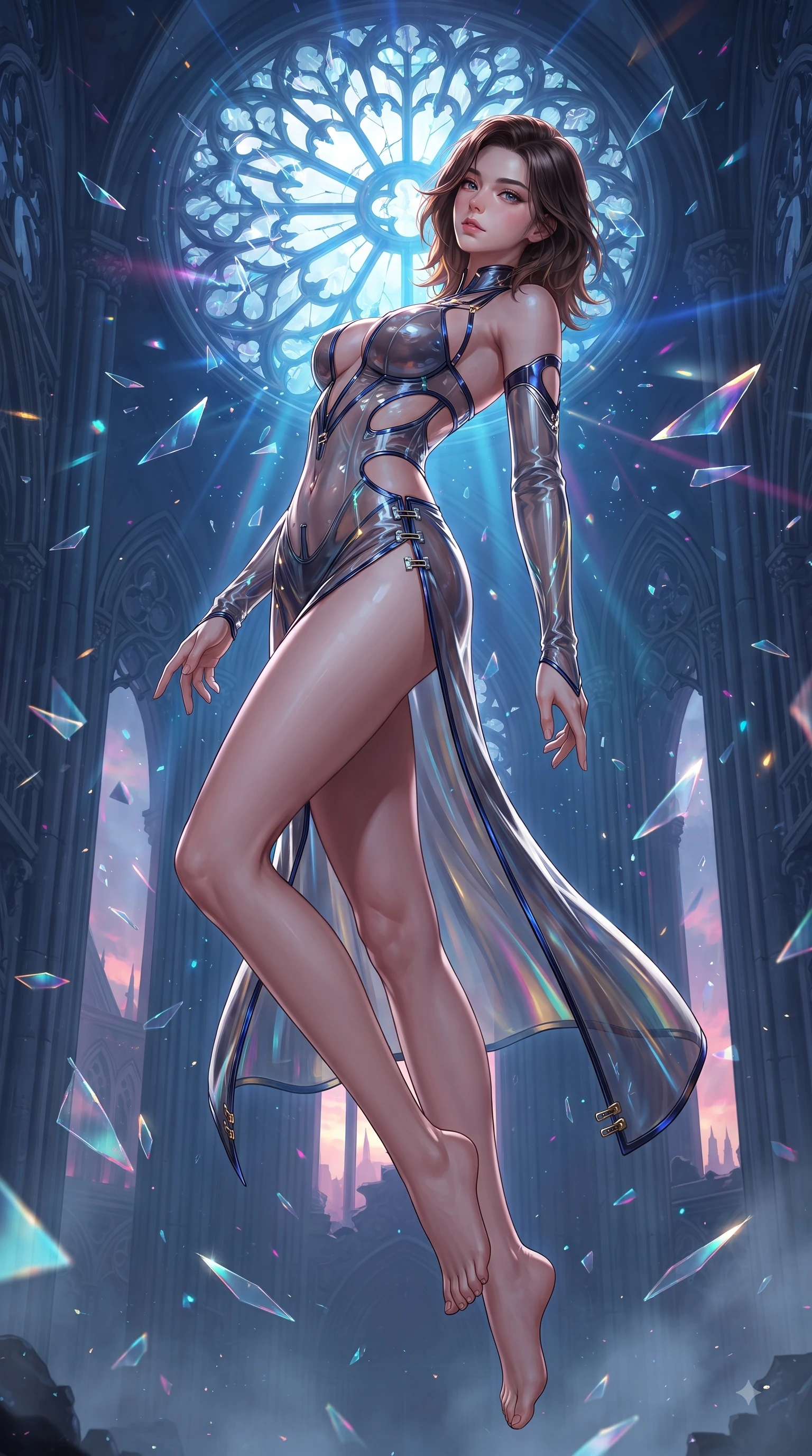 score_9, masterpiece, best quality, ultra-detailed, high-budget anime keyframe, editorial fashion photography, tasteful artistic composition, Korean woman. low angle full-body shot from head to toe showing her feet, filling the entire 9:16 vertical frame with her statuesque presence, stretching her vertical silhouette. arching her back in a fluid zero-gravity turn with sovereign grace, her long slender legs and sculpted torso creating a sweeping line while floating weightlessly beneath a shattered gothic rose window as holographic glass fragments suspend in mid-air. The surrounding environment is rendered in vivid detail and crisp panoramic clarity. volumetric neon light rays cutting through fog and shattered architecture rendered in panoramic precision. She has an absolutely perfect, statuesque 8.5-heads proportion, an exceptionally tall and slender model-like female figure with impossibly long slender legs and an ultra-slim waist. sharp v-shaped jawline, high-bridge nose, intricate jewel-like eyes with depth, thick eyelashes, glossy lips with a natural sheen, flawlessly proportioned anatomical accuracy, natural body alignment, perfectly sculpted elegant limbs, clean dynamic posture without body distortion. wearing a translucent cybernetic corset in semi-opaque structured vinyl, combined with detached sleeves and a deep-plunging neckline secured by glowing micro-straps in midnight sapphire blue and glowing gold filaments, formed from high-gloss patent material with specular light reflections, finished with an ultra-high side slit secured by miniature magnetic clasps, the daring cutouts accentuating her delicate midriff, graceful collarbones, and feminine contour. backlit by intense multi-colored neon light rays and volumetric dawn light filtering through fog. ultra-reflective glossy finish, specular highlights, metallic sheen, high-contrast stereoscopic depth, volumetric dynamic lighting, 2k, ultra detail, master piece, 9:16 ratio