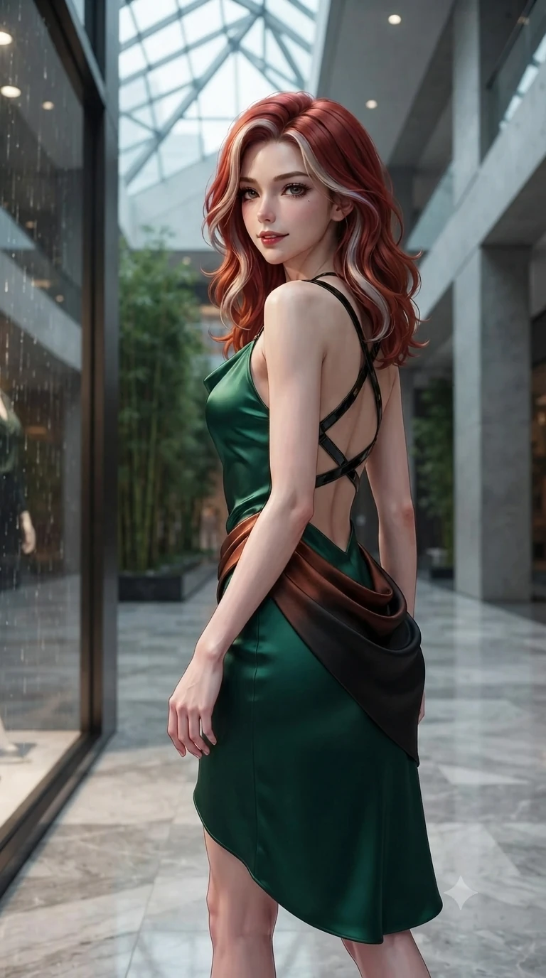 score_9, masterpiece, best quality, ultra-detailed, high-budget anime keyframe, editorial fashion photography, tasteful artistic composition, Caucasian woman. close-up cowboy shot from the waist and thighs up, the character dominates the composition, filling the frame with her large presence. pausing beside an illuminated luxury boutique window with hips cocked back, glancing back with an enchanting, dangerous smile through falling rain while walking slowly across the vast marble atrium with sovereign elegance, hips swaying gracefully as her heels click on stone. The background shows a soft-focus soaring geometric glass skylights, vertical bamboo rain gardens, and minimalist architectural concrete walls blurred into slate, jade, and charcoal bokeh. She has an exceptionally elegant, slender, and willowy female figure with an ultra-slim waist, flat toned midriff, narrow ribcage, and sculpted feminine hips creating an alluring, slim hourglass silhouette without bulk. sharp v-shaped jawline, high-bridge nose, intricate jewel-like dark sparkling eyes with dangerous depth, thick curled eyelashes, glossy parted lips with a rich wine sheen, smoldering seductive half-smile with bedroom-eyes, exuding effortless superiority and intoxicating dark allure, flawlessly proportioned anatomical accuracy, strict slender model proportions, natural body alignment, perfectly sculpted long slender limbs, ultra-slim waistline, clean dynamic posture without body distortion. wearing a cowl-neck emerald green silk satin slip dress with criss-cross back straps and hip-accentuating drape in dark burnt copper and matte black, tailored from fine lightweight midnight wool crepe with crisp architectural structure, featuring an open-back criss-cross harness strap in patent black leather, the liquid-tight tailored fabric clinging flawlessly to her narrow waist and rounded feminine hips, emphasizing every millimeter of her sculpted slim hourglass curves without any bulky heaviness. illuminated by mirror-polished marble floor bounce and sharp silver-topaz rim lights defining her razor-sharp jawline, narrow waist, and curvy hips. ultra-reflective glossy finish, specular highlights, rich textural contrasts, high-contrast stereoscopic depth, volumetric dynamic lighting, 2k, ultra detail, master piece, 9:16 ratio