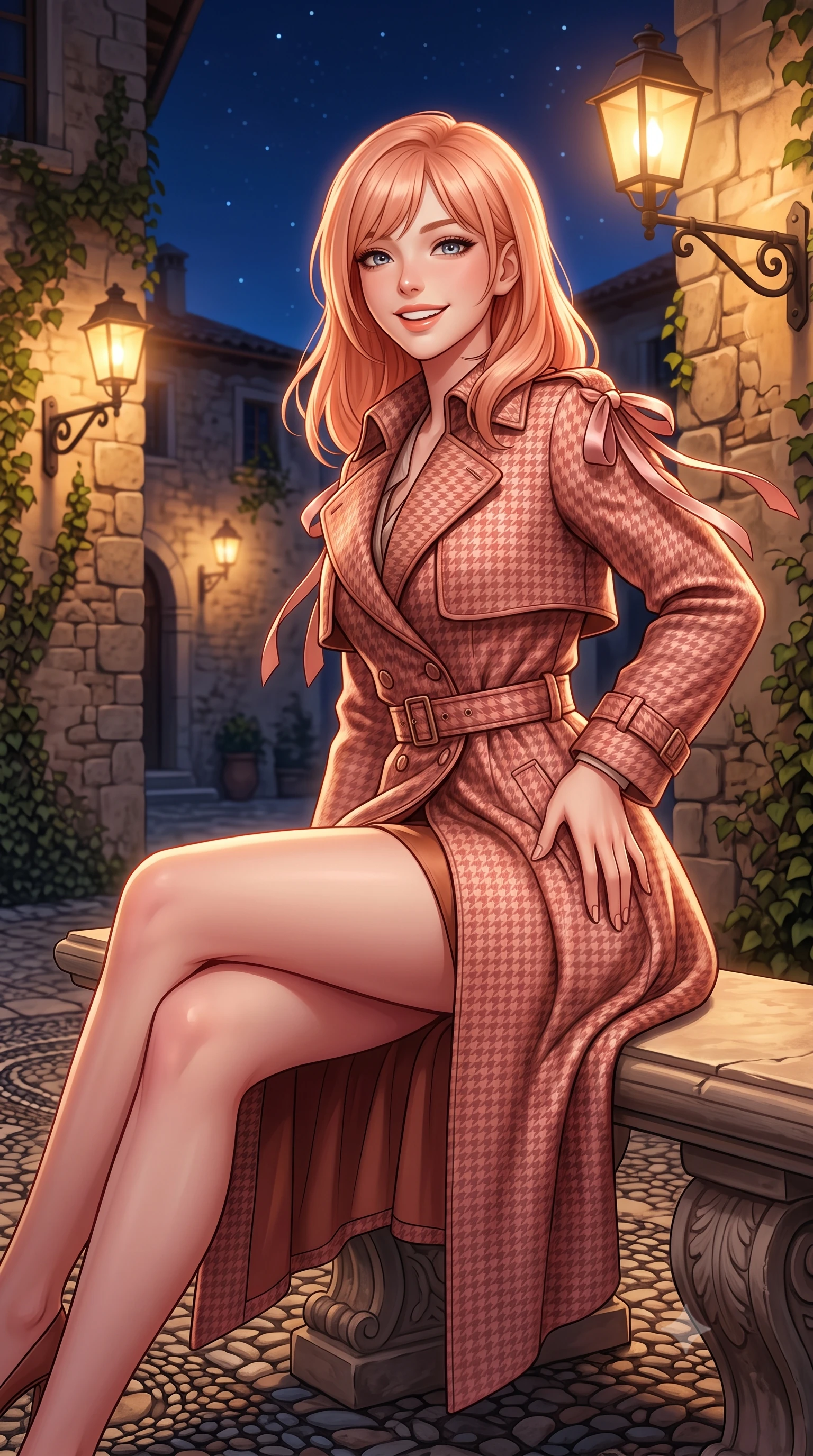 score_9, masterpiece, best quality, ultra-detailed, high-budget anime keyframe, semi-realistic 3D game render, editorial fashion photography, tasteful artistic composition, Japanese woman. close-up cowboy shot from the waist and thighs up, the character dominates the composition, filling the frame with her large presence. perched sideways on the lounge seat, one knee drawn up to showcase her slender leg line while her arched back accentuates her feminine hip curve while sitting gracefully on the carved stone bench with legs crossed, running one manicured hand slowly down her hip with magnetic charm. The surrounding environment is rendered in vivid detail and crisp panoramic clarity: sharp hand-laid river pebble cobblestone mosaics, weathered limestone wall mortar, and hand-forged lantern brackets in deep focus. She has an exceptionally elegant, slender, and willowy female figure with an ultra-slim waist, flat toned midriff, narrow ribcage, and sculpted feminine hips creating an alluring, slim hourglass silhouette without bulk. sharp v-shaped jawline, high-bridge nose, intricate jewel-like sparkling eyes with depth, thick eyelashes, glossy parted lips with a natural peach sheen, bright cheerful beaming smile with an enchanting and coquettish sensual glint, exuding both youthful cute charm and seductive allure, flawlessly proportioned anatomical accuracy, strict slender model proportions, natural body alignment, perfectly sculpted long slender limbs, ultra-slim waistline, clean dynamic posture without body distortion. wearing a structured Viennese secessionist houndstooth trench coat with belted waist and storm flaps in Grasse centifolia rose petal blush and burnished copper, crafted from bespoke double-faced cashmere with an exceptionally soft tactile finish, finished with satin ribbon ties at the shoulders fluttering in the gentle breeze, the bespoke structured tailoring following the natural line of her 8.5-heads silhouette with refined elegance. bathed in the romantic amber 2200K gas lantern glow contrasted with deep midnight sky and starlight. highly saturated vibrant anime colors, detailed shading with soft gradients, rich glossy textures, high-contrast stereoscopic depth, volumetric dynamic lighting, master piece, 9:16 ratio
