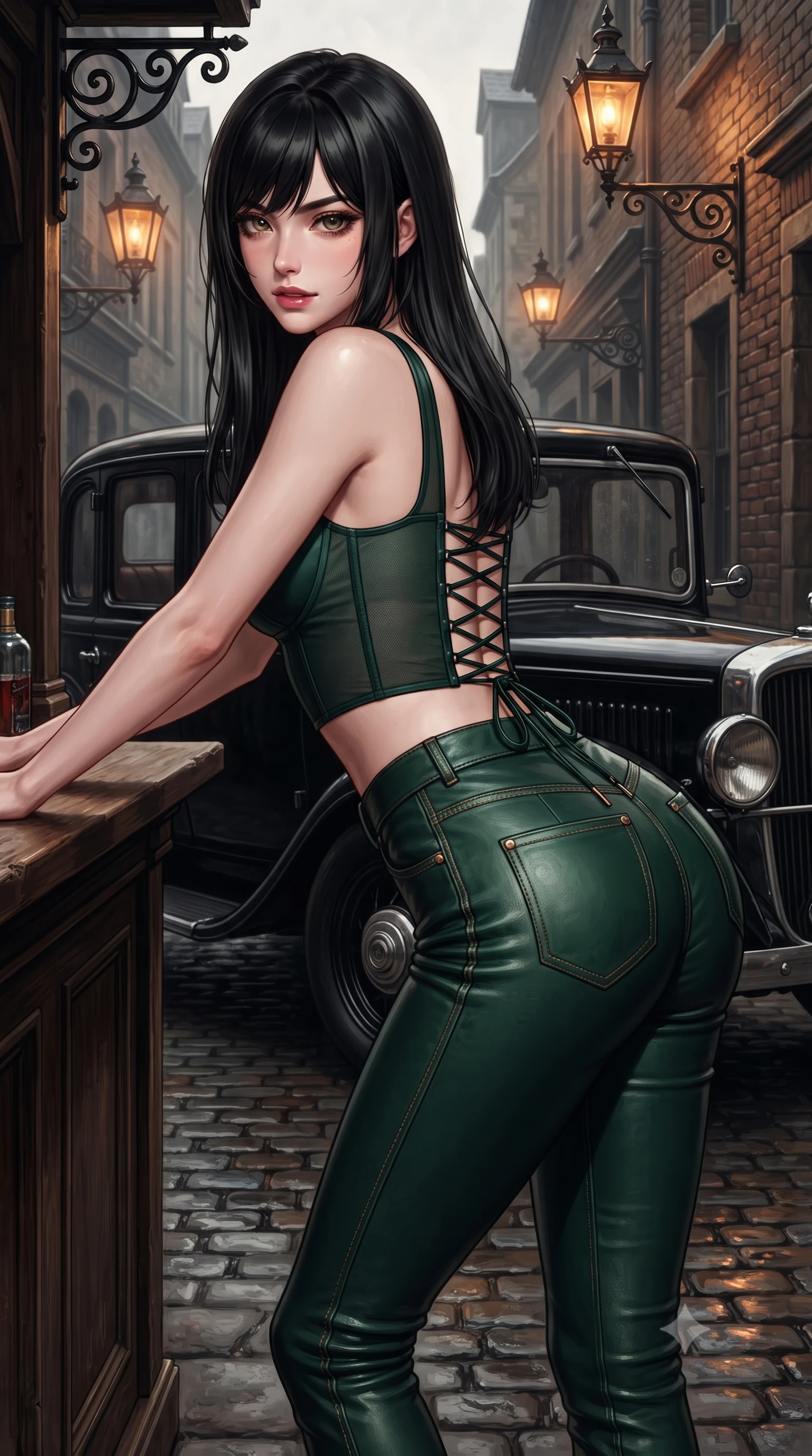 score_9, masterpiece, best quality, ultra-detailed, high-budget anime keyframe, editorial fashion photography, tasteful artistic composition, Caucasian woman. close-up cowboy shot from the waist and thighs up, the character dominates the composition, filling the frame with her large presence. leaning forward over the counter while arching her lower back to accentuate her curvy hips, looking into the lens with a dangerous smoldering half-smile and bedroom-eyes while standing poised beside a vintage black town car, twisting her slender torso in an alluring contrapposto stance with parted glossy lips and sovereign poise. The surrounding environment is rendered in vivid detail and crisp panoramic clarity. sharp wet cobblestone specular highlights, weathered brick masonry texture, and wrought-iron lamp scrollwork in deep focus. She has an exceptionally elegant, slender, and willowy female figure with an ultra-slim waist, flat toned midriff, narrow ribcage, and sculpted feminine hips creating an alluring, slim hourglass silhouette without bulk. sharp v-shaped jawline, high-bridge nose, intricate jewel-like dark sparkling eyes with dangerous depth, thick curled eyelashes, glossy parted lips with a rich wine sheen, smoldering seductive half-smile with bedroom-eyes, exuding effortless superiority and intoxicating dark allure, flawlessly proportioned anatomical accuracy, strict slender model proportions, natural body alignment, perfectly sculpted long slender limbs, ultra-slim waistline, clean dynamic posture without body distortion. wearing a cropped structured bodice top paired with ultra-fitted high-waisted leather trousers tracing her hips in dark emerald green and brushed antique bronze, made of semi-opaque dark contouring mesh clinging like a second skin, featuring a dramatic criss-cross satin back lacing tracing her slender spine, the form-contouring cut accentuating her sculpted flat midriff, narrow delicate ribcage, and gracefully curvy hips with sovereign high-fashion precision. bathed in the warm nostalgic glow of gaslamp lanterns casting rich amber light from above. ultra-reflective glossy finish, specular highlights, rich textural contrasts, high-contrast stereoscopic depth, volumetric dynamic lighting, 2k, ultra detail, master piece, 9:16 ratio