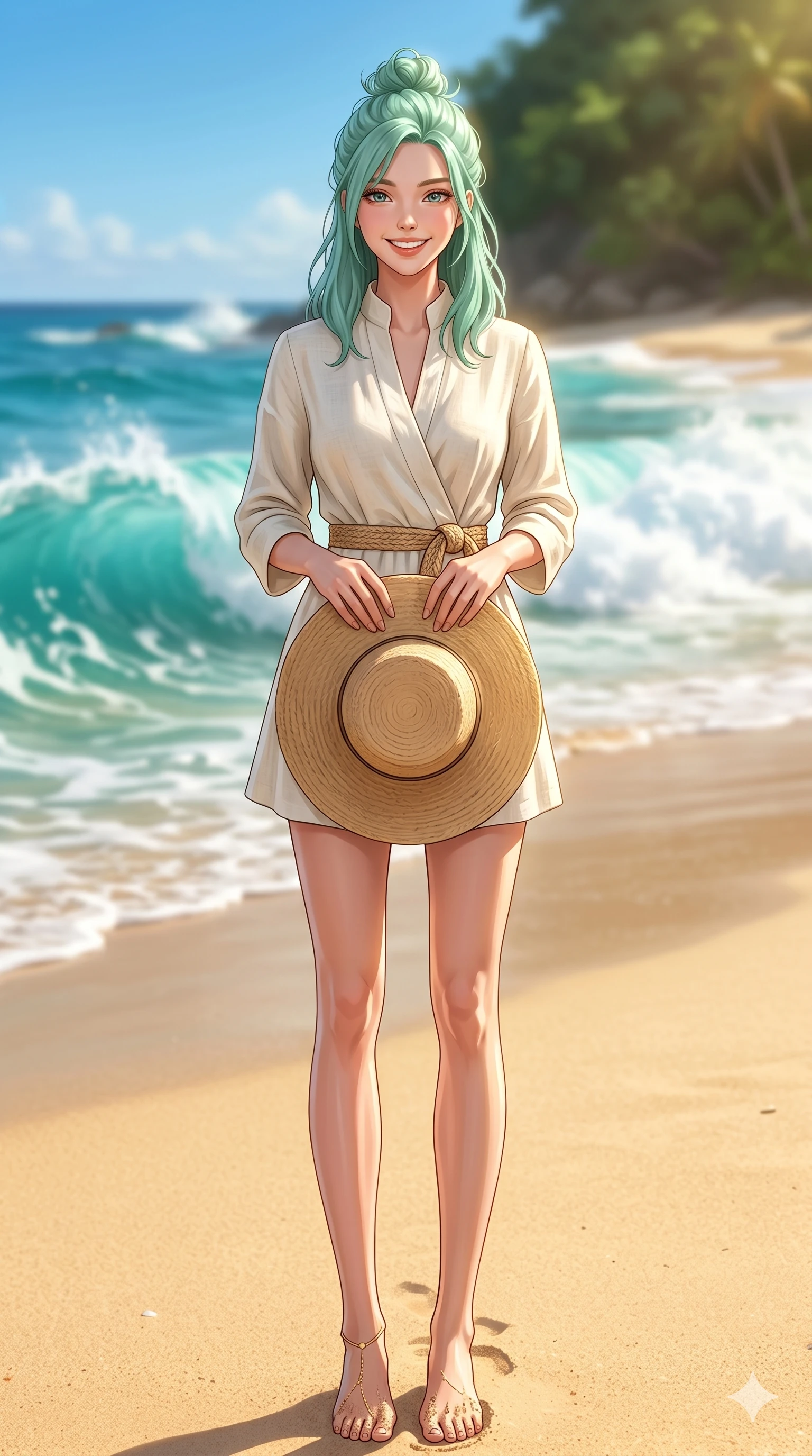 score_9, masterpiece, best quality, ultra-detailed, high-budget anime keyframe, editorial fashion photography, tasteful artistic composition, Japanese woman. low angle full-body shot from head to toe showing her feet, filling the entire 9:16 vertical frame with her statuesque presence, stretching her vertical silhouette. standing on the warm sand, holding a wide-brimmed straw hat with both hands, looking at the camera with a bright smile at a secluded white sand beach under a brilliant midday sun, where turquoise waves crash on the shore (Code-P19-001). She has an absolutely perfect 8-heads proportion, an exceptionally tall and slender female figure with impossibly long slender legs and an ultra-slim waist. V-shaped jawline, high-bridge nose, intricate jewel-like eyes with depth, thick eyelashes, glossy lips with a natural sheen. wearing a high-collared structured resort wrap dress in breathable organic linen with a woven raffia belt. bathed in brilliant, golden midday sunbeams that create sharp highlights on her smooth skin. 2k, ultra detail, master piece, 9:16 ratio