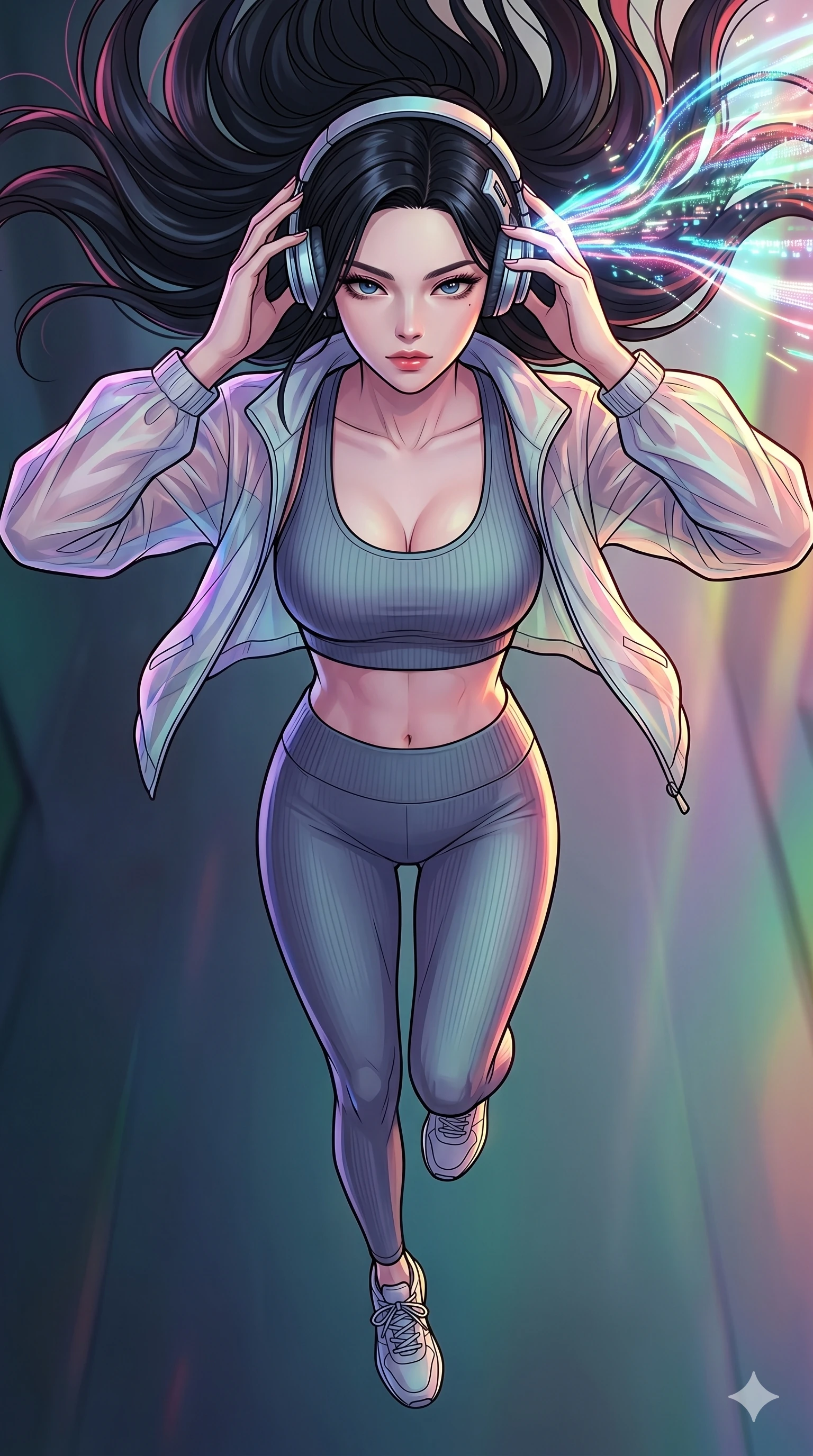 score_9, masterpiece, best quality, ultra-detailed, high-budget anime movie keyframe, cinematic anime lighting, intricate line art, Korean woman. Extreme high angle shot as she leaps towards the camera, filling the frame. adjusting a neural-link headset while data streams manifest as light. She has an absolutely perfect 8-heads proportion, an exceptionally tall and slender female figure with an ultra-slim waist and impossibly long slender legs. strictly human anatomy, two legs only, no extra limbs, clearly defined legs and arms, perfect anatomy, perfect hands and fingers. sharp v-shaped jawline, high-bridge nose, intricate jewel-like eyes, thick eyelashes, glossy lips. Wearing Premium Athleisure: Ribbed sports bra and leggings set, sheer windbreaker, and sleek high-performance activewear. The scene is illuminated by dramatic atmospheric lighting and vibrant color palettes. , 2k, ultra detail, master piece, 9:16 ratio