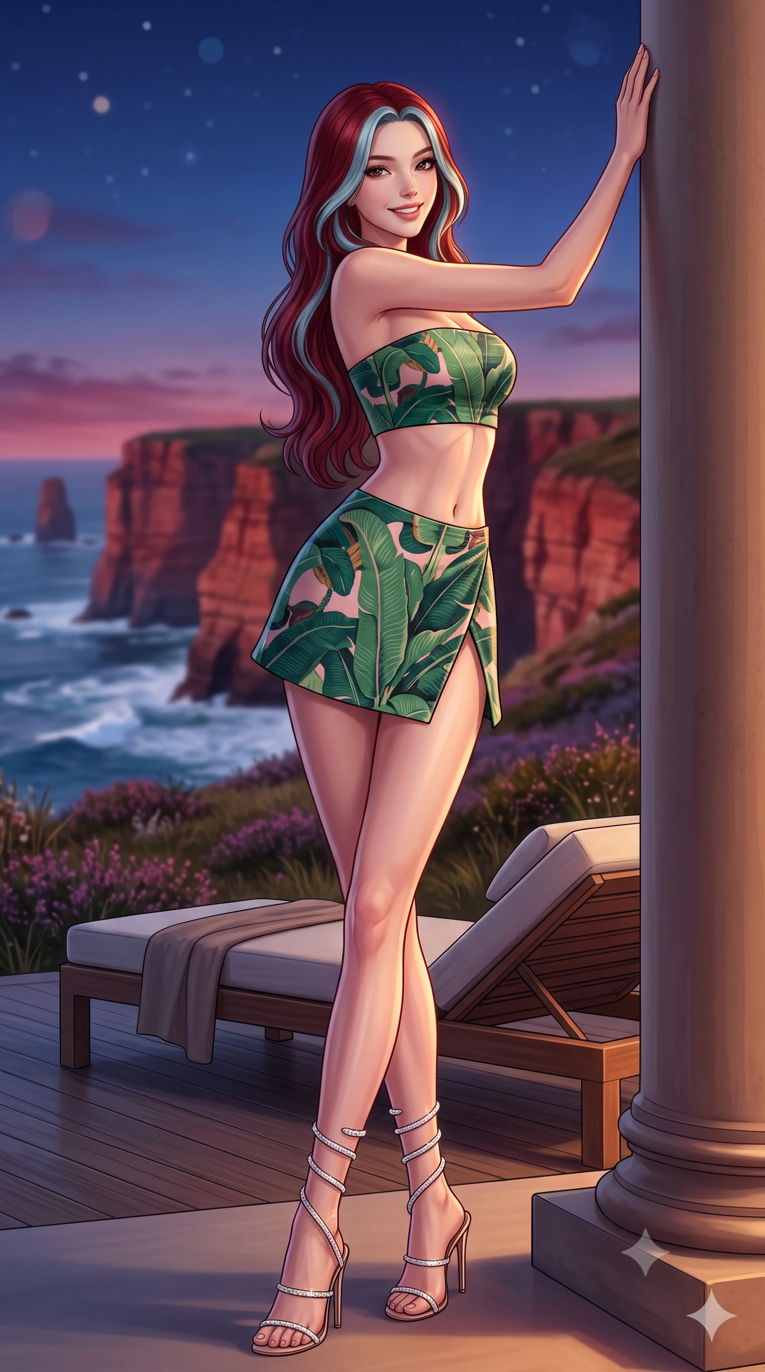 score_9, masterpiece, best quality, ultra-detailed, high-budget anime keyframe, semi-realistic 3D game render, editorial fashion photography, tasteful artistic composition, Caucasian woman. low angle full-body shot from head to toe showing her feet, filling the entire 9:16 vertical frame with her statuesque presence, stretching her vertical silhouette. standing tall beside the architectural column, one hand resting high while arching her lower back to emphasize her sculpted feminine hips and slender waist while lounging in the outdoor daybed propped on one elbow with legs extended, displaying her long slender limbs and statuesque hourglass silhouette against the sea. The background shows a soft-focus towering sea cliffs of red sandstone plunging into foaming Atlantic waters, wild coastal heather moorland, and starry sky blurred into crimson, sapphire, and diamond bokeh. She has an exceptionally tall and slender model-like 8.5-heads proportion, an ultra-slim waist, a flat toned midriff, narrow delicate ribcage, and beautifully sculpted feminine hips creating a graceful, slim hourglass silhouette without any bulky heaviness, with impossibly long slender legs. sharp v-shaped jawline, high-bridge nose, intricate jewel-like sparkling eyes with depth, thick eyelashes, glossy parted lips with a natural peach sheen, bright cheerful beaming smile with an enchanting and coquettish sensual glint, exuding both youthful cute charm and seductive allure, flawlessly proportioned anatomical accuracy, strict slender model proportions, natural body alignment, perfectly sculpted long slender limbs, ultra-slim waistline, clean dynamic posture without body distortion. wearing an ultra-cropped fitted bandeau top paired with a micro mini tennis skirt revealing her flat midriff in Beverly Hills vintage banana-leaf emerald and blush pink, woven from buttery-soft stretch lambskin leather adhering to her body like a second skin, complemented by strappy stiletto sandals with crystal ankle wraps accentuating her slender calves, the high-slit wrap tailoring accentuating her ultra-slim waistline and the enchanting curve of her feminine hips with alluring seductive charm. illuminated by deck wood reflection bounce and sharp copper-gold rim lights sculpting her jawline, narrow waist, and curvy hips. highly saturated vibrant anime colors, detailed shading with soft gradients, rich glossy textures, high-contrast stereoscopic depth, volumetric dynamic lighting, master piece, 9:16 ratio