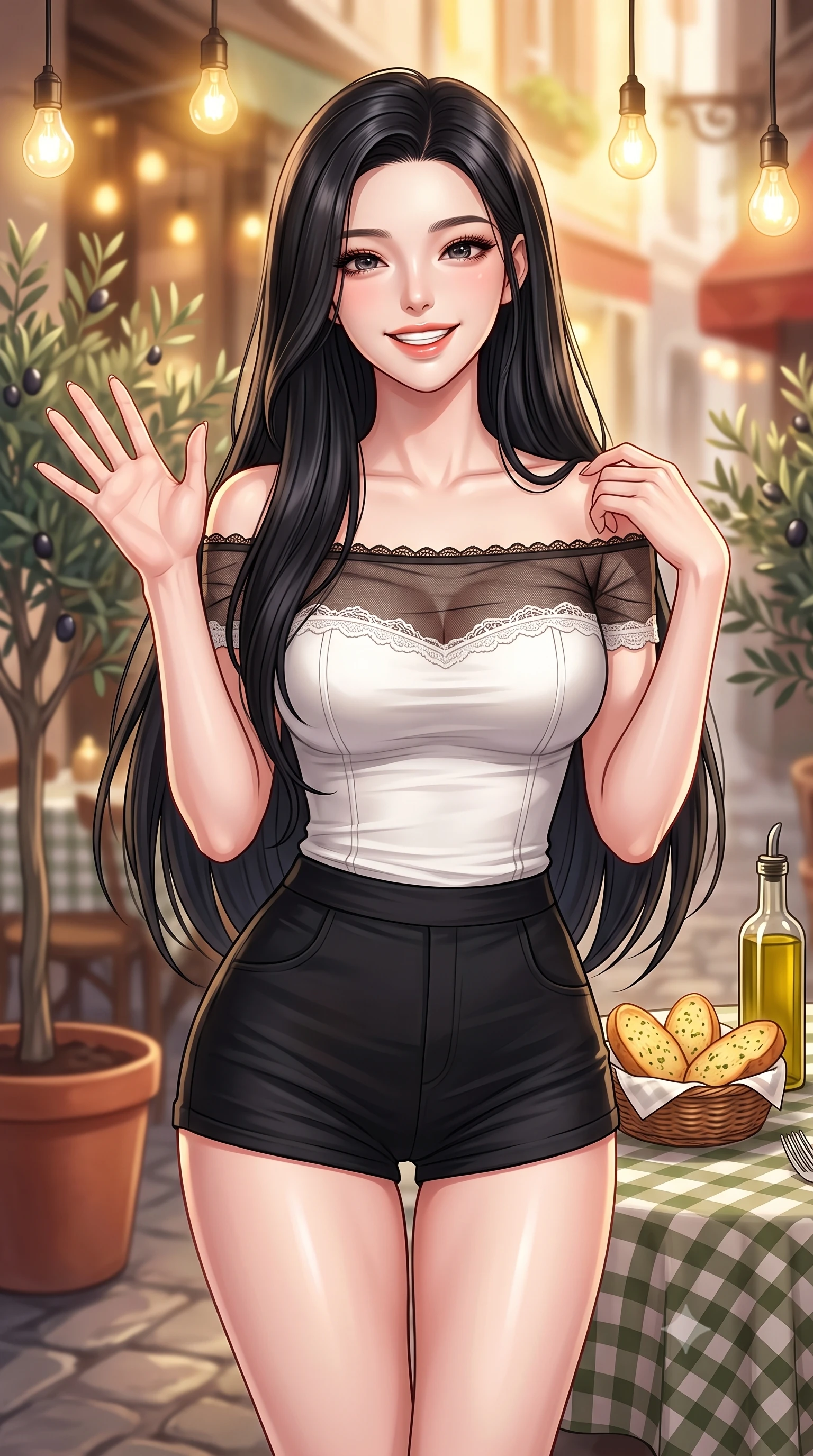 score_9, masterpiece, best quality, ultra-detailed, high-budget anime keyframe, editorial fashion photography, tasteful artistic composition, Korean woman. close-up cowboy shot from the waist and thighs up, the character dominates the composition, filling the frame with her large presence, background elements kept in soft focus. flashing a sweet, beaming smile while waving one hand gently toward the camera set against a soft-focus background of on a lively street-side bistro terrace next to potted olive trees with a basket of warm garlic bread and olive oil on the checkered tablecloth. She has an exceptionally elegant, slender, and willowy female figure with an ultra-slim waist, a gracefully sculpted slender torso, and a refined silhouette. sharp v-shaped jawline, high-bridge nose, intricate jewel-like eyes with depth, thick eyelashes, glossy lips with a natural sheen. wearing slim-fit delicate lace-trim off-shoulder blouse paired with a sheer mesh overlay and form-contouring mini shorts. warm golden lighting from hanging lightbulbs creating a cozy dinner mood. highly saturated vibrant anime colors, detailed shading with soft gradients, rich glossy textures, high-contrast stereoscopic depth, volumetric dynamic lighting, master piece, 9:16 ratio