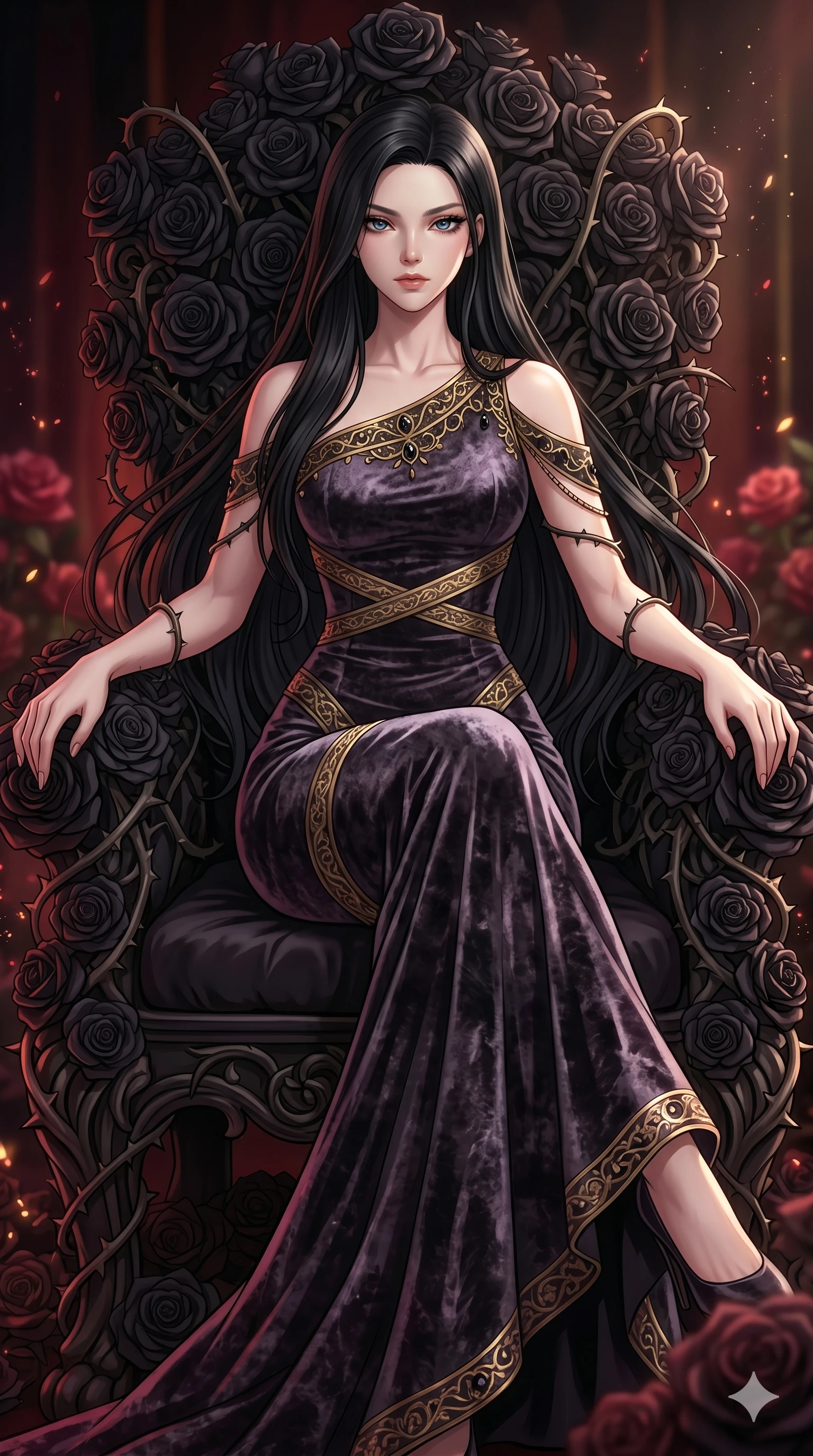 score_9, masterpiece, best quality, ultra-detailed, High-budget Anime Keyframe, East Asian woman. Dynamic full-body shot stretching the vertical silhouette to the limit. Scenario 20: Resting on a throne of black roses, thorns grazing her skin. Her presence is magnetic and overpowering in this high-budget anime scene. Outfit 20: A crushed dark velvet decorative silk bands with a tastefully designed shoulder and tight-fitting silhouette. The clothing is designed to emphasize her exceptionally tall and slender 8-heads proportion. 8-heads proportion, towering silhouette, ultra-slim waist. sharp v-shaped jawline, intricate jewel-like eyes with depth, thick eyelashes, glossy lips. 2k, ultra detail, master piece, 9:16 ratio