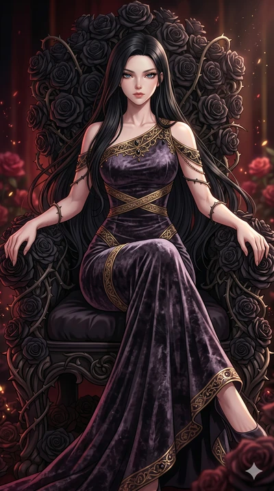 score_9, masterpiece, best quality, ultra-detailed, High-budget Anime Keyframe, East Asian woman. Dynamic full-body shot stretching the vertical silhouette to the limit. Scenario 20: Resting on a throne of black roses, thorns grazing her skin. Her pr