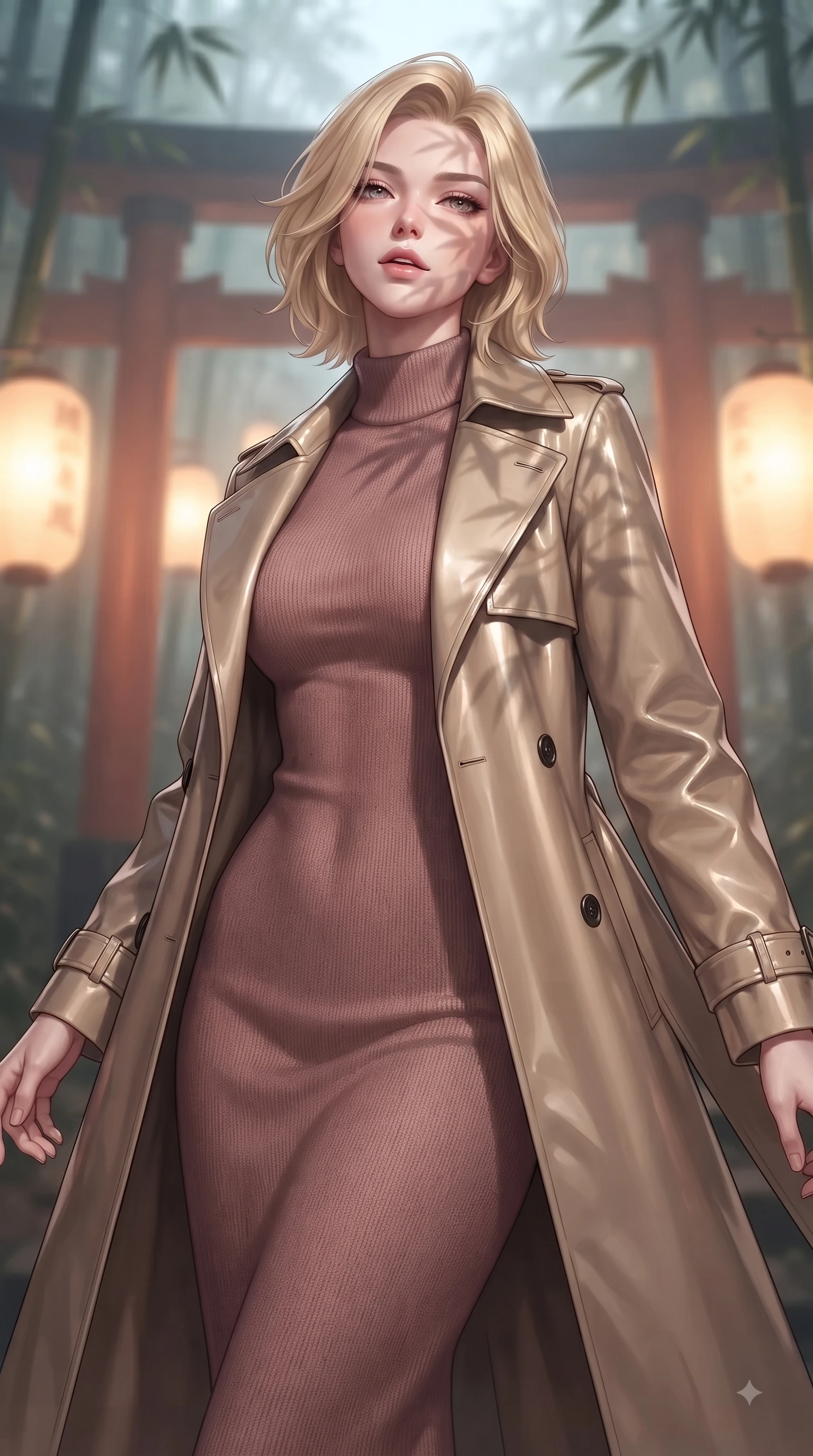 score_9, masterpiece, best quality, ultra-detailed, high-budget anime keyframe, editorial fashion photography, tasteful artistic composition, Caucasian woman woman. close-up cowboy shot from the waist and thighs up, the character dominates the composition, filling the frame with her large presence, background elements kept in soft focus. She has an exceptionally elegant, slender, and willowy female figure with an ultra-slim waist, a gracefully sculpted slender torso, and a refined silhouette. tilting her chin up slightly with lips parted in a composed and alluring expression, flawlessly proportioned anatomical accuracy, natural body alignment, perfectly sculpted elegant limbs, clean dynamic posture without body distortion. set against a soft-focus background of a misty bamboo torii shrine path with glowing paper lanterns. wearing a classic tailored trench coat over a high-neck dusty rose knit midi dress. bathed in warm amber lantern light casting soft organic bamboo leaf stencil shadows. ultra-reflective glossy finish, specular highlights, metallic sheen, high-contrast stereoscopic depth, volumetric dynamic lighting, 2k, ultra detail, master piece, 9:16 ratio