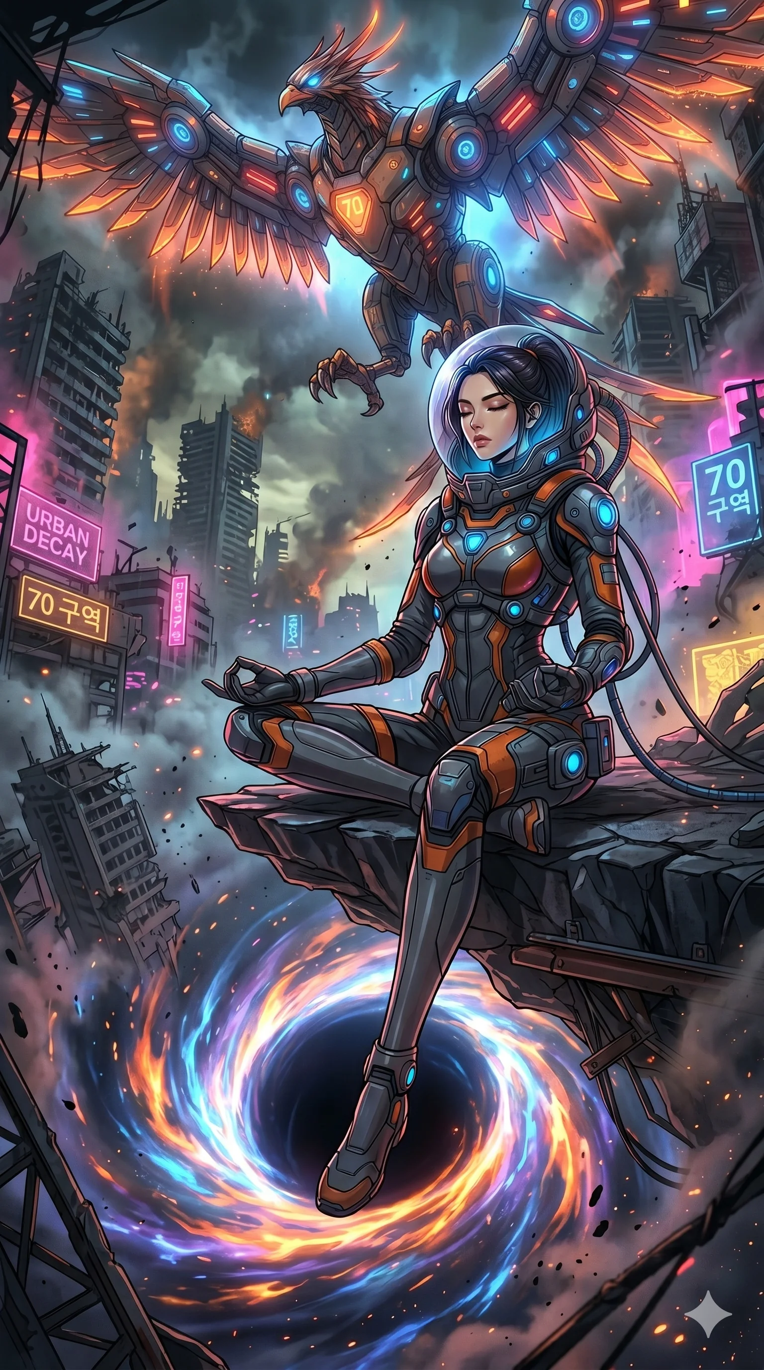 score_9, masterpiece, best quality, ultra-detailed, Set A: High-budget Anime Keyframe, Korean woman. Low angle cowboy shot filling the entire 9:16 frame with her statuesque presence. Theme: Urban Decay. meditating in the edge of a black hole, while a mechanical phoenix rises in the background marked 70. The atmosphere is filled with heavy smog with neon flares. She has an absolutely perfect 8-heads proportion, an exceptionally tall and slender female figure with impossibly long slender legs and an ultra-slim waist. Sharp v-shaped jawline, high-bridge nose, intricate jewel-like eyes with depth, glossy lips. Wearing Deep-space explorer suit with transparent helmet-hood and glowing bio-sensors. Cinematic lighting, vivid colors, dramatic shadows, 2k, ultra detail, master piece, 9:16 ratio