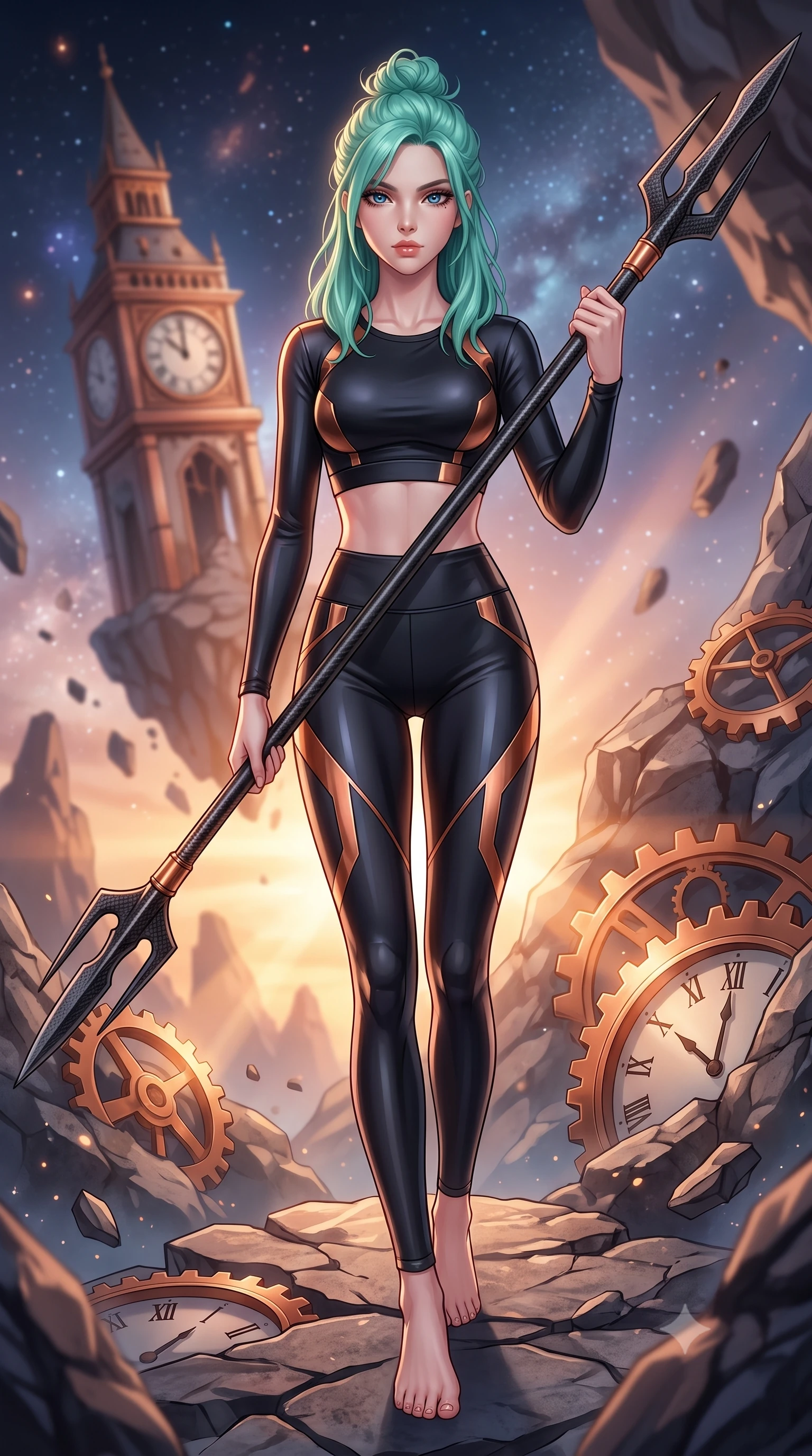 score_9, masterpiece, best quality, ultra-detailed, high-budget anime keyframe, editorial fashion photography, tasteful artistic composition, Japanese woman. low angle full-body shot from head to toe showing her feet, filling the entire 9:16 vertical frame with her statuesque presence, stretching her vertical silhouette. standing in a dynamic combat stance with a carbon-fiber spear held diagonally, stretching her statuesque body, the background shows a soft-focus a ruined clocktower floating on a shattered asteroid surrounded by cosmic dust. She has an absolutely perfect, statuesque 8.5-heads proportion, an exceptionally tall and slender model-like female figure with impossibly long slender legs and an ultra-slim waist. sharp v-shaped jawline, high-bridge nose, intricate jewel-like eyes with depth, thick eyelashes, glossy lips with a natural sheen. wearing a form-contouring form-fitting athletic crop top and matching high-waisted compression leggings in sleek carbon-black tech fabric. warm orange sunset rays filtering through broken copper gears and clock faces. highly saturated vibrant anime colors, detailed shading with soft gradients, rich glossy textures, high-contrast stereoscopic depth, volumetric dynamic lighting, master piece, 9:16 ratio