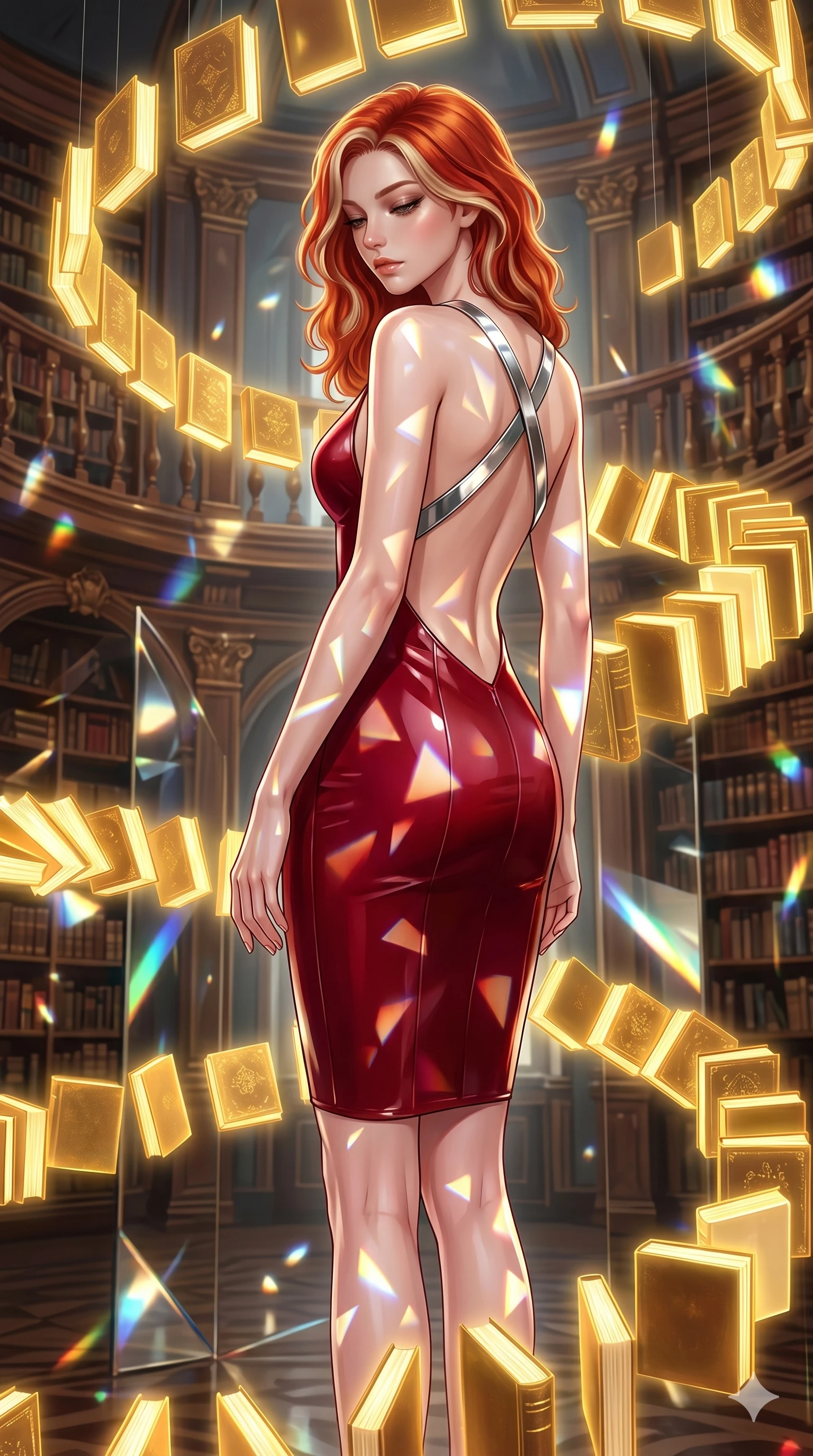 score_9, masterpiece, best quality, ultra-detailed, high-budget anime keyframe, editorial fashion photography, tasteful artistic composition, Caucasian woman, strictly human ears. cowboy shot from the thighs up, character and outfit filling the frame for maximum editorial presence. Looking down with lowered lashes and a composed, powerful expression amidst a baroque library where glowing golden books orbit in slow spiral patterns. She has an absolutely perfect 8-heads proportion, an exceptionally tall and slender female figure with impossibly long slender legs and an ultra-slim waist. V-shaped jawline, high-bridge nose, intricate jewel-like eyes with depth, thick eyelashes, glossy lips with a natural sheen. wearing a structured deep-cherry-red fashion-latex fitted dress with a clean architectural front and a dramatic open-back design with a single criss-cross strap in chrome across the bare back. lit by mirror-reflected prismatic spotlights creating geometric light patterns that play across her body. 2k, ultra detail, master piece, 9:16 ratio