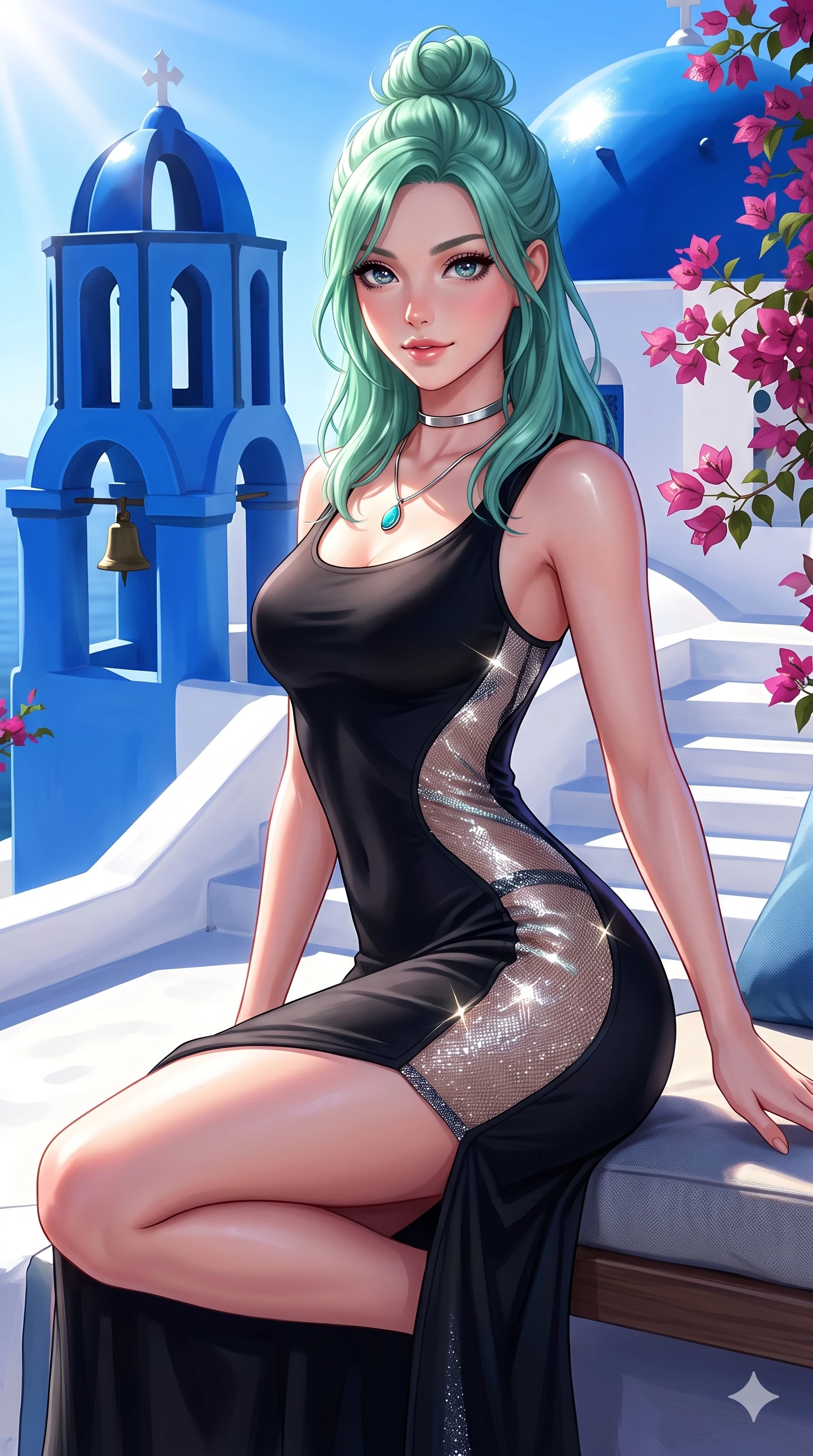 score_9, masterpiece, best quality, ultra-detailed, high-budget anime keyframe, semi-realistic 3D game render, editorial fashion photography, tasteful artistic composition, Japanese woman. close-up cowboy shot from the waist and thighs up, the character dominates the composition, filling the frame with her large presence. perched sideways on the lounge seat, one knee drawn up to showcase her slender leg line while her arched back accentuates her feminine hip curve while twisting her slender torso in an alluring S-curve beside the cobalt church bell tower, dazzling sunlight and deep blue shadows tracing her flat midriff and hips. The surrounding environment is rendered in vivid detail and crisp panoramic clarity: sharp whitewashed stair edge curves, glossy cobalt dome enamel paint, and delicate bougainvillea petal veins in deep focus. She has an exceptionally elegant, slender, and willowy female figure with an ultra-slim waist, flat toned midriff, narrow ribcage, and sculpted feminine hips creating an alluring, slim hourglass silhouette without bulk. sharp v-shaped jawline, high-bridge nose, sparkling eyes with hypnotic seductive depth, thick curled eyelashes, glossy parted lips with a natural dewy peach sheen, alluring bedroom-eyes with an enchanting coquettish smile, exuding magnetic siren charisma and sophisticated glamour, flawlessly proportioned anatomical accuracy, strict slender model proportions, natural body alignment, perfectly sculpted long slender limbs, ultra-slim waistline, clean dynamic posture without body distortion. wearing a second-skin black silk jersey resort maxi dress with asymmetrical sheer mesh side panels tracing the full curve of her hip in shimmering silver mercury and sunlit seafoam pearl, woven from stretch metallic lurex jersey casting radiant starlight glints across her silhouette, finished with a minimalist chrome choker and a single turquoise stone pendant, the bespoke structured tailoring following the natural line of her 8.5-heads silhouette with refined elegance. illuminated by blinding white plaster ground bounce and sharp azure-rose rim lights sculpting her razor-sharp jawline, narrow waist, and curvy hips. highly saturated vibrant anime colors, detailed shading with soft gradients, rich glossy textures, high-contrast stereoscopic depth, volumetric dynamic lighting, master piece, 9:16 ratio