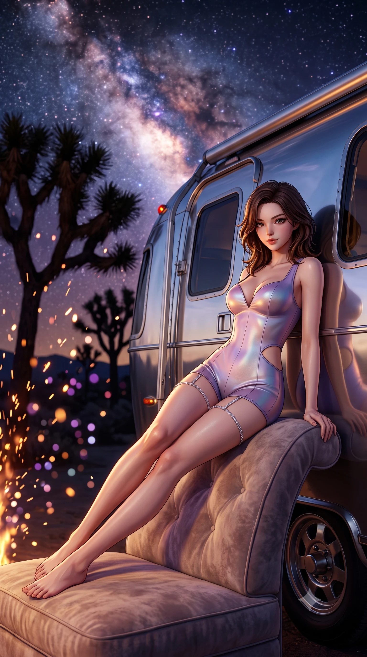 score_9, masterpiece, best quality, ultra-detailed, high-budget anime keyframe, semi-realistic 3D game render, editorial fashion photography, tasteful artistic composition, Korean woman. low angle full-body shot from head to toe showing her feet, filling the entire 9:16 vertical frame with her statuesque presence, stretching her vertical silhouette. reclining gracefully across the plush chaise lounge with one leg extended, her sculpted silhouette and flat midriff radiating magnetic nocturnal glamour while leaning against the mirror-polished aluminum Airstream trailer with hips cocked back, casting an intoxicating, smoldering half-smile. The background shows a soft-focus the dense glowing band of the Milky Way, silhouetted Joshua trees, and dancing fire sparks blurred into amethyst, amber, and diamond starlight bokeh. She has an absolutely perfect, statuesque 8.5-heads proportion, an exceptionally tall and slender model-like female figure with impossibly long slender legs, an ultra-slim waist, a flat toned midriff, narrow delicate ribcage, and beautifully sculpted feminine hips creating a graceful, slim hourglass silhouette without any bulky heaviness. sharp v-shaped jawline, high-bridge nose, sparkling eyes with hypnotic seductive depth, thick curled eyelashes, glossy parted lips with a natural dewy peach sheen, alluring bedroom-eyes with an enchanting coquettish smile, exuding magnetic siren charisma and sophisticated glamour, flawlessly proportioned anatomical accuracy, strict slender model proportions, natural body alignment, perfectly sculpted long slender limbs, ultra-slim waistline, clean dynamic posture without body distortion. wearing a deep sweetheart-neckline buckskin bodycon romper with side-hip cutouts accentuating her hourglass curves in iridescent mother-of-pearl and dusk lavender, tailored from second-skin technical compression neoprene with athletic curve-sculpting stretch, finished with delicate crystal-encrusted thigh garter straps glinting in the sunlight, the liquid-tight tailored fabric clinging flawlessly to her narrow waist and rounded feminine hips, emphasizing every millimeter of her sculpted slim hourglass curves without any bulky heaviness. illuminated by aluminum trailer reflection bounce and sharp amber-gold rim lighting sculpting her jawline, flat midriff, and voluptuous hip curves. highly saturated vibrant anime colors, detailed shading with soft gradients, rich glossy textures, high-contrast stereoscopic depth, volumetric dynamic lighting, master piece, 9:16 ratio
