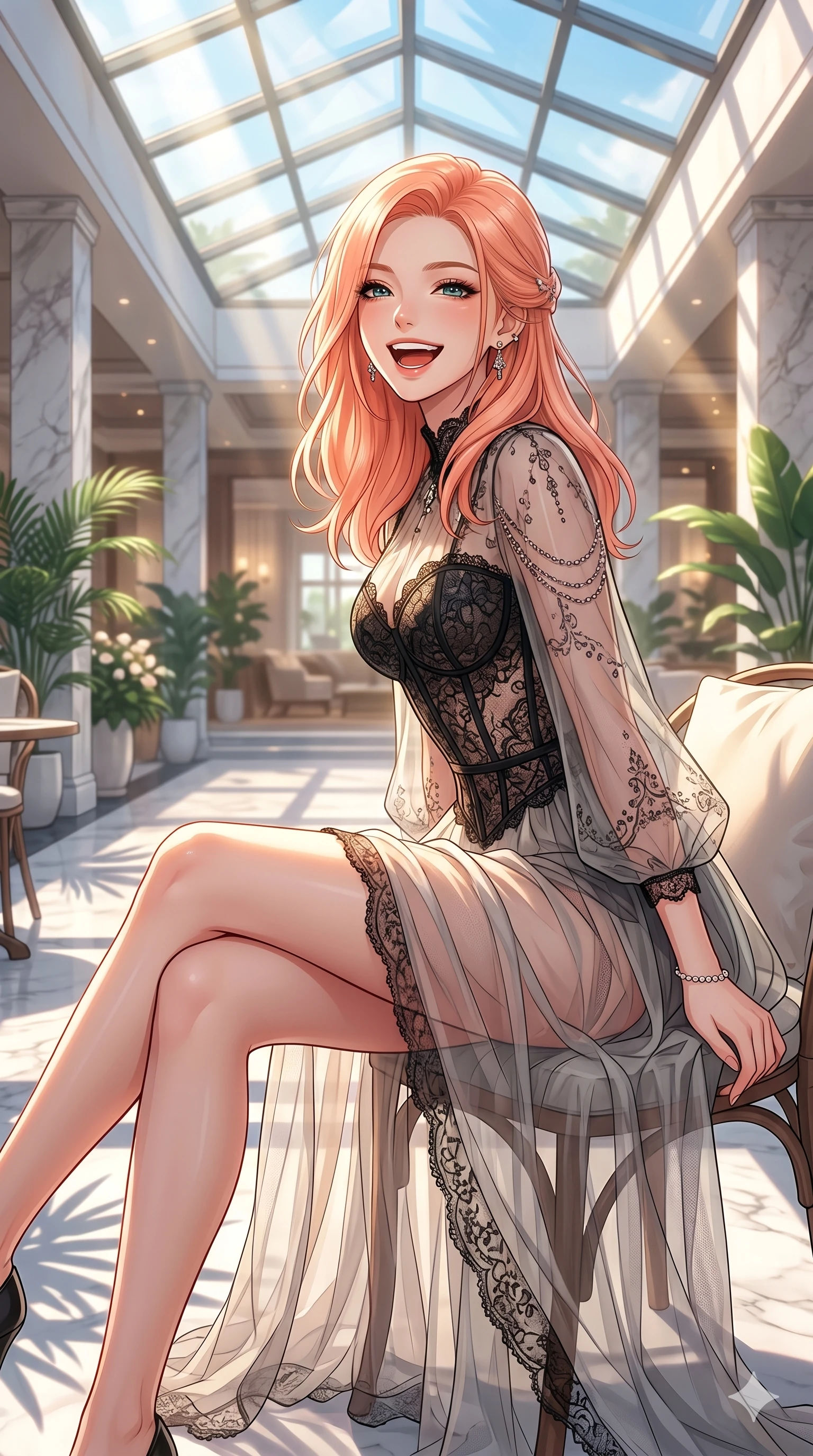 score_9, masterpiece, best quality, ultra-detailed, high-budget anime keyframe, vibrant anime aesthetic, Japanese woman. cowboy shot from the thighs up, character and outfit filling the frame for maximum presence. She is sitting on a cafe terrace, looking over her shoulder with a cheerful laugh by a resort lobby patio under a clear skylight (Code-P20-190). She has an absolutely perfect 8-heads proportion, an exceptionally tall and slender female figure with impossibly long slender legs and an ultra-slim waist. V-shaped jawline, high-bridge nose, intricate jewel-like eyes with depth, thick eyelashes, glossy lips with a natural sheen. wearing a semi-transparent chiffon gown featuring a black lace corset bodice. She is illuminated by brilliant sunbeams casting sharp shadows on the clean marble floor. 2k, ultra detail, master piece, 9:16 ratio