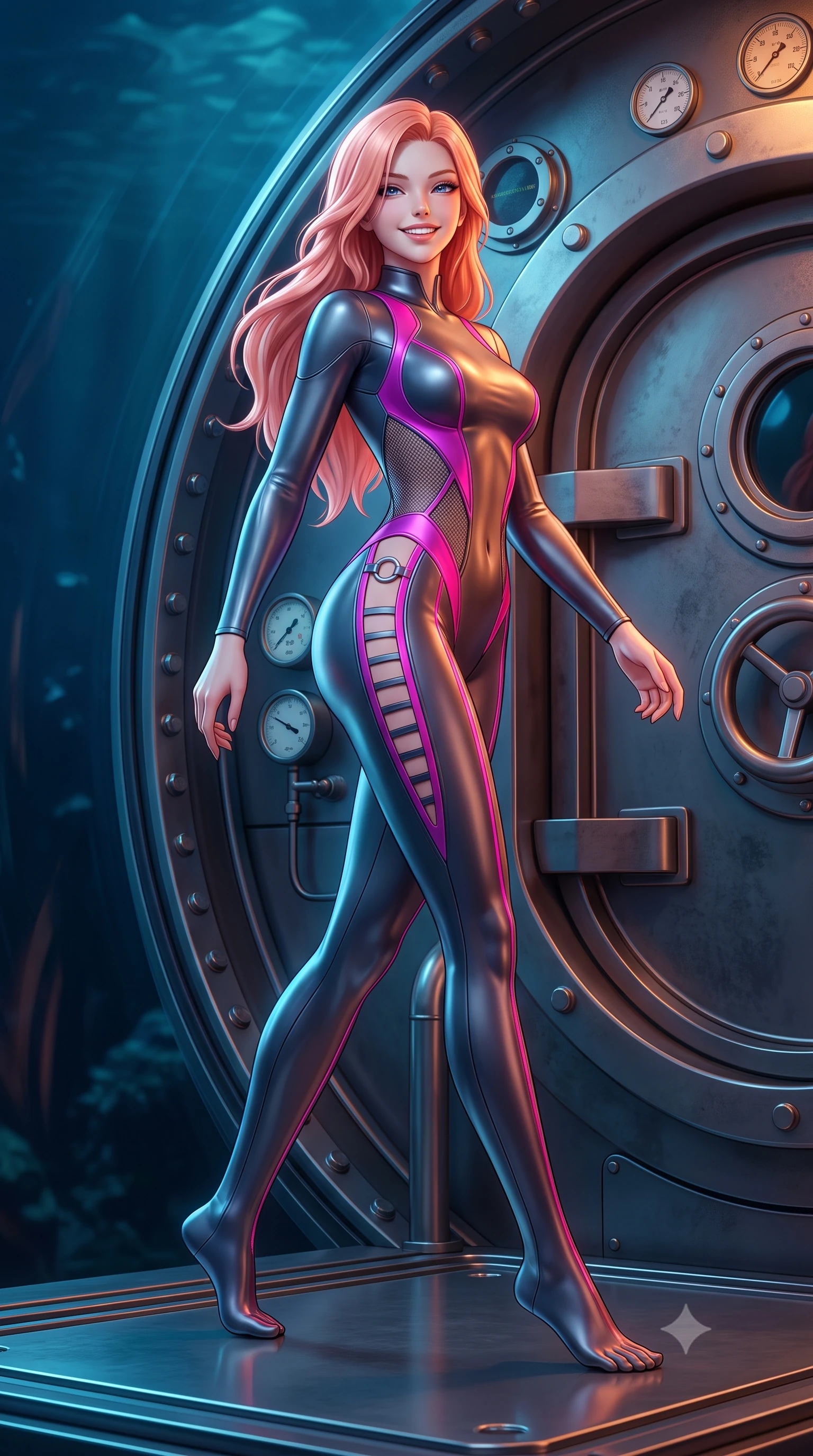 score_9, masterpiece, best quality, ultra-detailed, high-budget anime keyframe, semi-realistic 3D game render, editorial fashion photography, tasteful artistic composition, Japanese woman. low angle full-body shot from head to toe showing her feet, filling the entire 9:16 vertical frame with her statuesque presence, stretching her vertical silhouette. striding forward gracefully across the reflective metal deck in mid-motion with a radiant beaming smile, hips swaying in an alluring kinetic rhythm that accentuates her curvy hourglass silhouette and long slender legs while leaning against the reinforced titanium viewing bulkhead with hips cocked back, casting an alluring bedroom-gaze through dark ocean currents. The surrounding environment is rendered in vivid detail and crisp panoramic clarity: sharp acrylic dome bolt rings, pressure gauge dials, and heavy titanium bulkhead hatch textures in deep focus. She has an absolutely perfect, statuesque 8.5-heads proportion, an exceptionally tall and slender model-like female figure with impossibly long slender legs, an ultra-slim waist, a flat toned midriff, narrow delicate ribcage, and beautifully sculpted feminine hips creating a graceful, slim hourglass silhouette without any bulky heaviness. sharp v-shaped jawline, high-bridge nose, intricate jewel-like sparkling eyes with depth, thick eyelashes, glossy parted lips with a natural sheen, bright confident smile with an enchanting and coquettish sensual glint, exuding both youthful magnetic charm and sovereign high-tech allure, flawlessly proportioned anatomical accuracy, strict slender model proportions, natural body alignment, perfectly sculpted long slender limbs, ultra-slim waistline, clean dynamic posture without body distortion. wearing a futuristic cut-out nano-suit with diamond-shaped side-torso mesh insets tracing her slim hourglass curves in deep titanium gunmetal and radiant magenta neon, made of supple second-skin compression stretch jersey clinging flawlessly to her form, finished with sharp laser-cut side ventilation slits framed by silver hardware rings, the precision-cut side openings and low-back scoop framing her graceful spine and the sensual sweep of her slim, toned hips. bathed in eerie deep-sea sapphire bioluminescence and warm interior instrument glow. highly saturated vibrant anime colors, detailed shading with soft gradients, rich glossy textures, high-contrast stereoscopic depth, volumetric dynamic lighting, master piece, 9:16 ratio