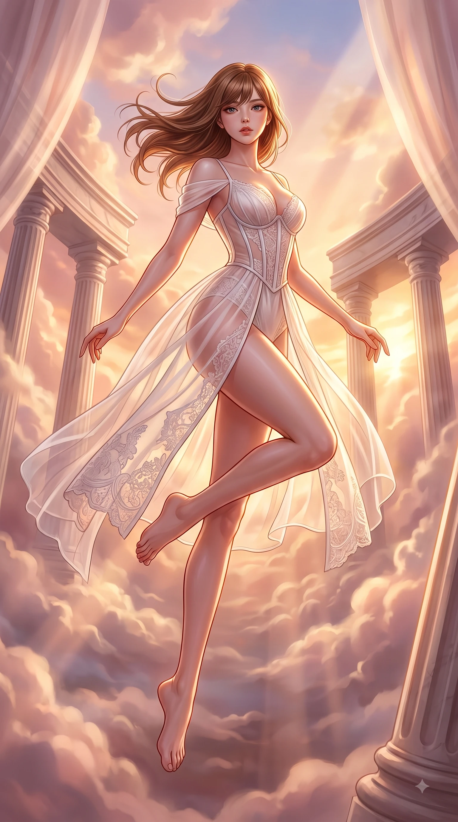 score_9, masterpiece, best quality, ultra-detailed, high-budget anime keyframe, editorial fashion photography, tasteful artistic composition, Korean woman woman. low angle full-body shot from head to toe showing her feet, filling the entire 9:16 vertical frame with her statuesque presence, stretching her vertical silhouette. She has an absolutely perfect, statuesque 8.5-heads proportion, an exceptionally tall and slender model-like female figure with impossibly long slender legs and an ultra-slim waist. leaping inside the glowing space with athletic poise, her hair swirling in a dynamic wind vortex, flawlessly proportioned anatomical accuracy, natural body alignment, perfectly sculpted elegant limbs, clean dynamic posture without body distortion. set against a soft-focus background of a rose-gold floating cloud sanctuary with marble colonnades. wearing a translucent white organdy veil dress with an architectural structured corset and lace panels. bathed in warm sunset sunbeams slicing through misty cloud drapes with a golden rim light. highly saturated vibrant anime colors, detailed shading with soft gradients, rich glossy textures, high-contrast stereoscopic depth, volumetric dynamic lighting, master piece, 9:16 ratio