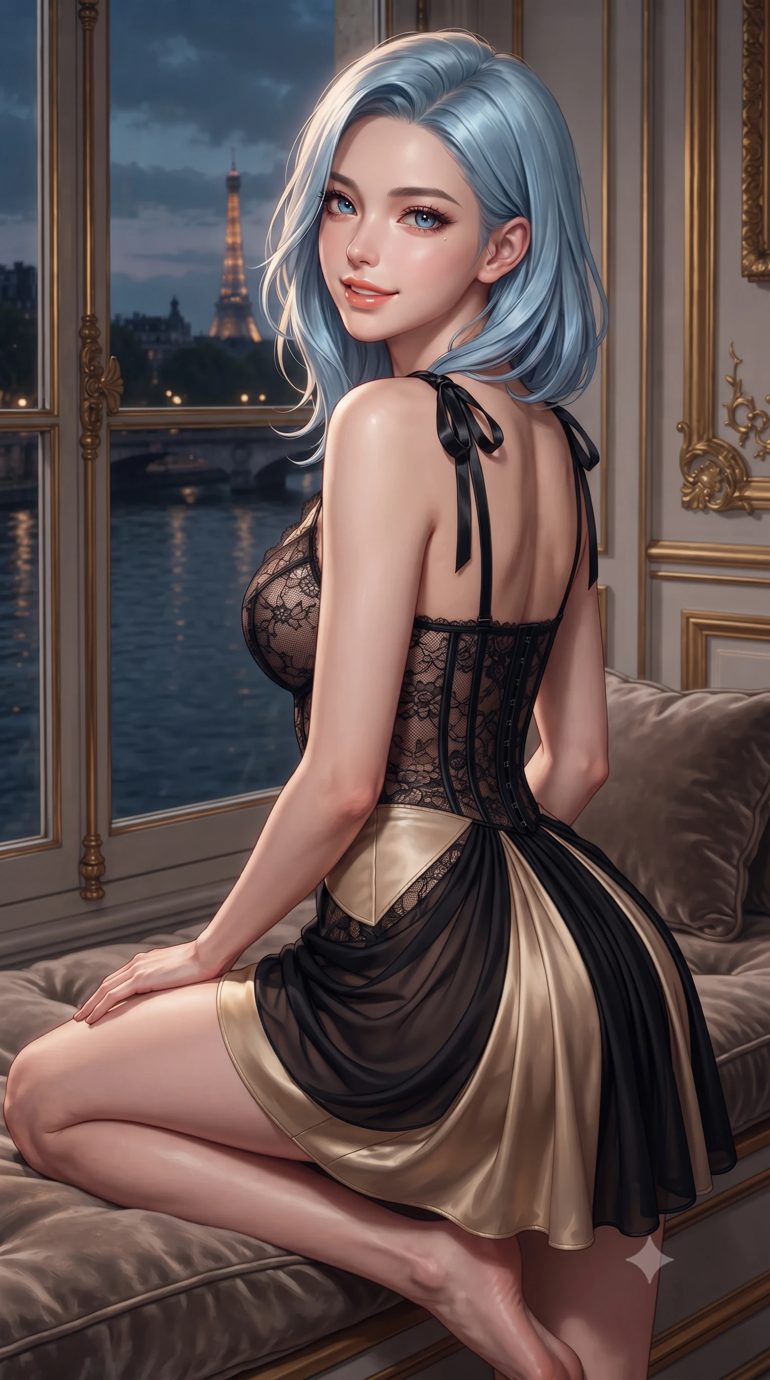 score_9, masterpiece, best quality, ultra-detailed, high-budget anime keyframe, editorial fashion photography, tasteful artistic composition, Korean woman. close-up cowboy shot from the waist and thighs up, the character dominates the composition, filling the frame with her large presence. posing in an alluring rear three-quarter angle, looking over a bare shoulder with parted glossy lips, her hips cocked back to highlight her slim hourglass curve while curled gracefully on the oversized velvet window banquette overlooking the dark river, turning with an alluring, coquettish smile. The surrounding environment is rendered in vivid detail and crisp panoramic clarity: detailed semi-sheer lace babydoll camisole drape, eyelash lace borders, and historic Paris townhouse craft in high resolution. She has an exceptionally elegant, slender, and willowy female figure with an ultra-slim waist, flat toned midriff, narrow ribcage, and sculpted feminine hips creating an alluring, slim hourglass silhouette without bulk. sharp v-shaped jawline, high-bridge nose, intricate jewel-like sparkling eyes with depth, thick eyelashes, glossy parted lips with a natural peach sheen, bright cheerful beaming smile with an enchanting and coquettish sensual glint, exuding both youthful cute charm and seductive allure, flawlessly proportioned anatomical accuracy, strict slender model proportions, natural body alignment, perfectly sculpted long slender limbs, ultra-slim waistline, clean dynamic posture without body distortion. wearing a sculpted semi-sheer bustier dress in black lace with exposed boning and a draped chiffon mini skirt in midnight noir obsidian black and pure champagne gold, woven from buttery-soft stretch lambskin leather adhering to her body like a second skin, finished with satin ribbon ties at the shoulders fluttering in the gentle breeze, the form-contouring silhouette accentuating her sculpted flat midriff, narrow delicate ribcage, and gracefully curvy hips with intoxicating allure. illuminated by dark wood reflection bounce and warm copper-gold rim lights defining her razor-sharp jawline, narrow waist, and curvy hips. ultra-reflective glossy finish, specular highlights, rich textural contrasts, high-contrast stereoscopic depth, volumetric dynamic lighting, 2k, ultra detail, master piece, 9:16 ratio