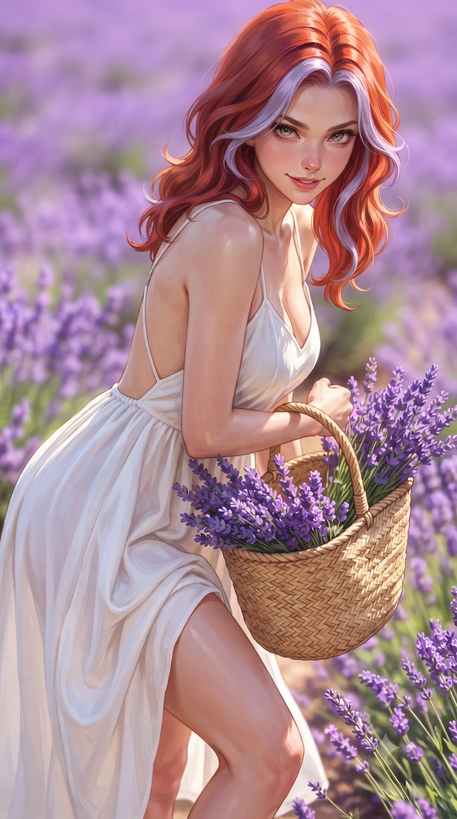 score_9, masterpiece, best quality, ultra-detailed, high-budget anime keyframe, editorial fashion photography, tasteful artistic composition, Caucasian woman. close-up cowboy shot from the waist and thighs up, the character dominates the composition, filling the frame with her large presence, background elements kept in soft focus. leaning slightly forward with a playful, sultry smile that holds direct, intense eye contact set against a soft-focus background of surrounded by a beautiful purple meadow of blooming wild lavender carrying a woven basket filled with freshly picked lavender stems. She has an exceptionally elegant, slender, and willowy female figure with an ultra-slim waist, a gracefully sculpted slender torso, and a refined silhouette. sharp v-shaped jawline, high-bridge nose, intricate jewel-like eyes with depth, thick eyelashes, glossy lips with a natural sheen. wearing form-contouring backless cotton sundress in white, featuring delicate straps and a long flowing skirt. bright midday sun rays highlighting the vibrant colors of the flowers. highly saturated vibrant anime colors, detailed shading with soft gradients, rich glossy textures, high-contrast stereoscopic depth, volumetric dynamic lighting, master piece, 9:16 ratio