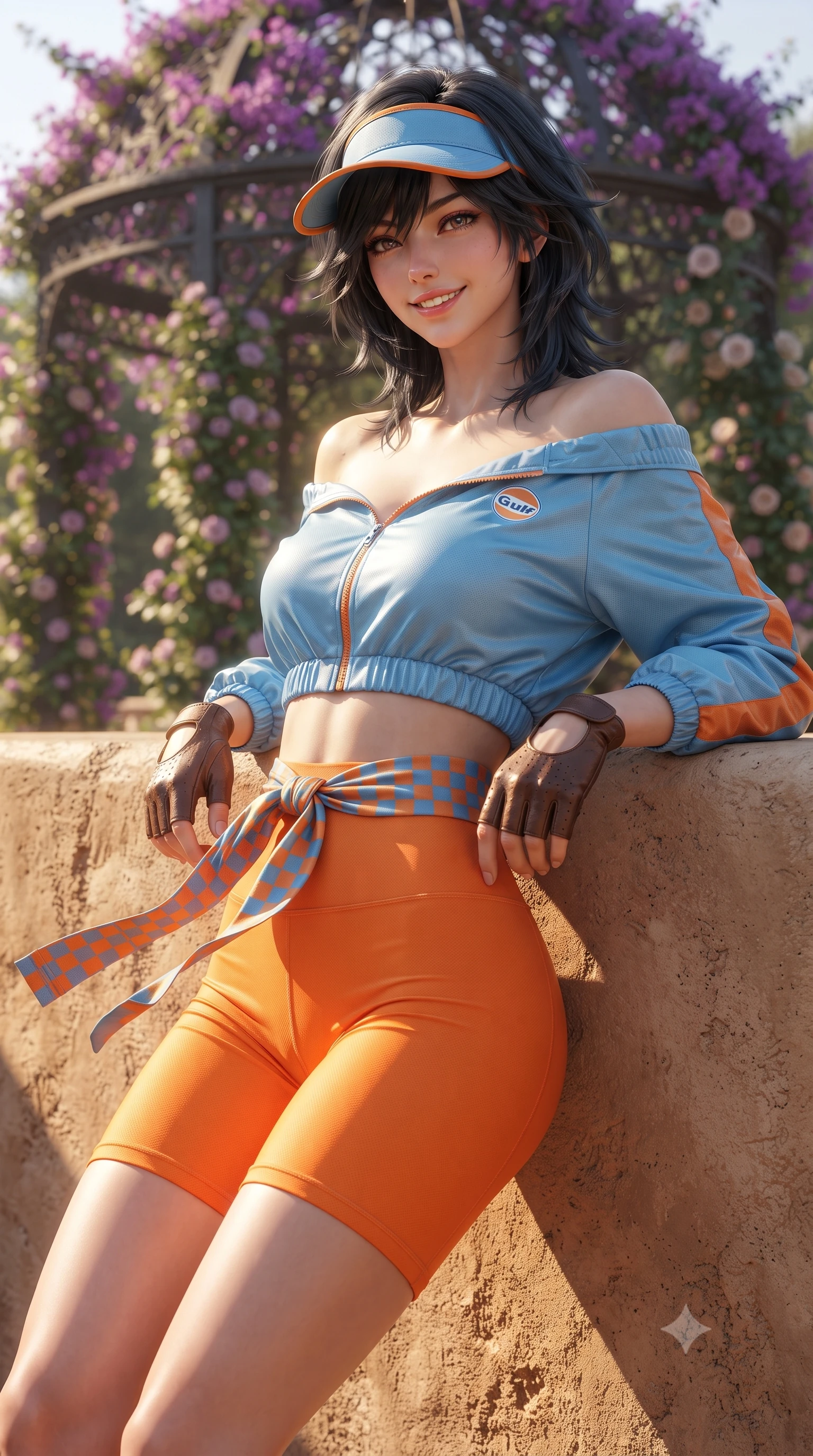 score_9, masterpiece, best quality, ultra-detailed, high-budget anime keyframe, editorial fashion photography, tasteful artistic composition, Caucasian woman. close-up cowboy shot from the waist and thighs up, the character dominates the composition, filling the frame with her large presence. leaning back against the pit wall with relaxed seductive grace, her flat midriff and narrow waist highlighted as sunlight traces her curves while twisting her slender torso in an alluring contrapposto stance, warm sea breezes fluttering her pleated tennis skirt around her long slender legs and curvy hips. The background shows a soft-focus wrought-iron club pavilions draped in purple bougainvillea softened in prestigious country club shallow focus. She has an exceptionally elegant, slender, and willowy female figure with an ultra-slim waist, flat toned midriff, narrow ribcage, and sculpted feminine hips creating an alluring, slim hourglass silhouette without bulk. sharp v-shaped jawline, high-bridge nose, sparkling eyes with athletic focus and depth, thick curled eyelashes, glossy parted lips with a natural coral-peach sheen, bright confident and coquettish smile with alluring bedroom-eyes, exuding both youthful sporty vigor and sovereign high-society glamour, flawlessly proportioned anatomical accuracy, strict slender model proportions, natural body alignment, perfectly sculpted long slender limbs, ultra-slim waistline, clean dynamic posture without body distortion. wearing an asymmetric off-shoulder cropped windbreaker jacket paired with tight high-waisted biker shorts and a checkered waist sash in vintage Porsche Gulf blue and vibrant race orange, made of second-skin technical compression piqué knit with moisture-wicking stretch, accented with a sporty retro tennis visor and fingerless leather driving gloves, the high-waisted wrap tailoring accentuating her ultra-slim waistline and the enchanting curve of her feminine hips with alluring sporty charm. illuminated by clay bounce warmth and sharp amber rim lighting defining her sculpted collarbones, ultra-slim waist, and curvy hips. ultra-reflective glossy finish, specular highlights, rich textural contrasts, high-contrast stereoscopic depth, volumetric dynamic lighting, 2k, ultra detail, master piece, 9:16 ratio