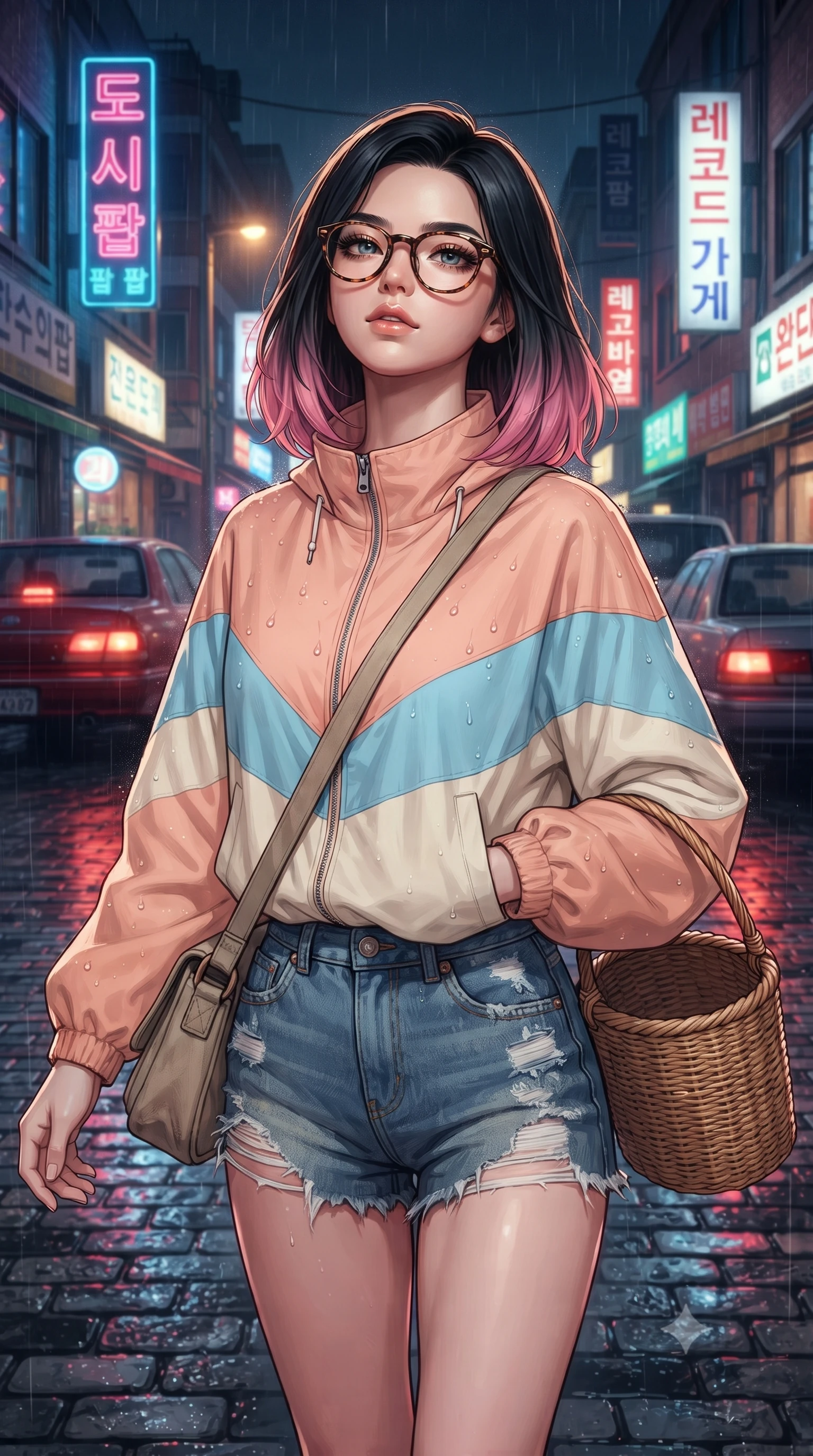 score_9, masterpiece, best quality, ultra-detailed, high-budget anime keyframe, editorial fashion photography, tasteful artistic composition, Korean woman. close-up cowboy shot from the waist and thighs up, the character dominates the composition, filling the frame with her large presence. tilting her chin up with proud, sovereign confidence while gazing directly into the lens with thick, dark eyelashes while walking dynamically down the wet cobblestone street as red taillights of vintage cars leave cinematic light streaks. The surrounding environment is rendered in vivid detail and crisp panoramic clarity. crisp neon tube lettering, distinct raindrop beads on leather jacket, and wet asphalt textures in deep focus. She has an exceptionally elegant, slender, and willowy female figure with an ultra-slim waist, a gracefully sculpted slender torso, toned flat midriff, and a refined slim silhouette. sharp v-shaped jawline, high-bridge nose, intricate jewel-like eyes with depth, thick eyelashes, glossy lips with a natural sheen, captivating and magnetic expression, flawlessly proportioned anatomical accuracy, strict slender model proportions, natural body alignment, perfectly sculpted long slender limbs, ultra-slim waistline, clean dynamic posture without body distortion. wearing a retro pastel colorblock windbreaker paired with high-waisted denim shorts and a canvas crossbody bag in soft peach and French sky blue, woven from soft breathable linen that flutters gently with every step, accessorized with a rustic woven wicker basket bag and round tortoiseshell glasses, the precision-cut daring openings accentuating her delicate midriff, graceful bare collarbones, and ultra-slim feminine waistline. surrounded by a romantic, moody, and irresistibly nostalgic 90s city-pop heroine aura. ultra-reflective glossy finish, specular highlights, rich textural contrasts, high-contrast stereoscopic depth, volumetric dynamic lighting, 2k, ultra detail, master piece, 9:16 ratio