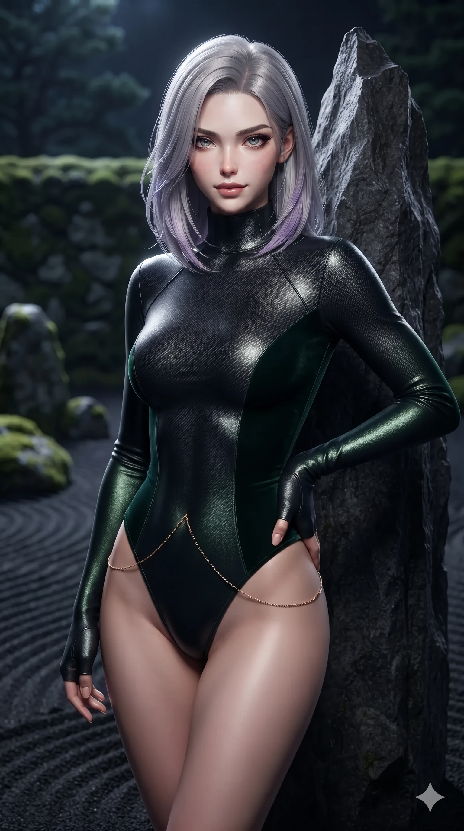 score_9, masterpiece, best quality, ultra-detailed, high-budget anime keyframe, editorial fashion photography, tasteful artistic composition, Caucasian woman. close-up cowboy shot from the waist and thighs up, the character dominates the composition, filling the frame with her large presence. holding a confident power pose with one hand on her hip, looking into the lens with smoldering intensity while standing tall beside a solitary jagged basalt monolith in the raked black sand garden, arching her spine with sovereign supermodel grace. The background shows a soft-focus monastic zen dry garden at midnight softened in contemplative shallow focus. She has an exceptionally elegant, slender, and willowy female figure with an ultra-slim waist, flat toned midriff, narrow ribcage, and sculpted feminine hips creating an alluring, slim hourglass silhouette without bulk. sharp v-shaped jawline, high-bridge nose, intricate jewel-like dark sparkling eyes with hypnotic seductive depth, thick curled eyelashes, glossy parted lips with a natural wine sheen, alluring bedroom-eyes with an enigmatic smoldering smile, exuding magnetic sovereign charisma and dark avant-garde glamour, flawlessly proportioned anatomical accuracy, strict slender model proportions, natural body alignment, perfectly sculpted long slender limbs, ultra-slim waistline, clean dynamic posture without body distortion. wearing a sleek high-neck ribbed activewear bodysuit in matte black in deep velvet forest green and antique brass, woven from matte carbon-fiber weave with high-tech structural hold, accented with a dainty gold belly chain resting across her flat midriff and curving hips, the glove-like silhouette tightly following the natural contour of her hips and long slender legs with youthful 8.5-heads elegance. illuminated by moonlit sand ripple bounce and sharp silver-topaz rim lights defining her razor-sharp jawline, narrow waist, and curvy hips. ultra-reflective glossy finish, specular highlights, metallic sheen, high-contrast stereoscopic depth, volumetric dynamic lighting, 2k, ultra detail, master piece, 9:16 ratio