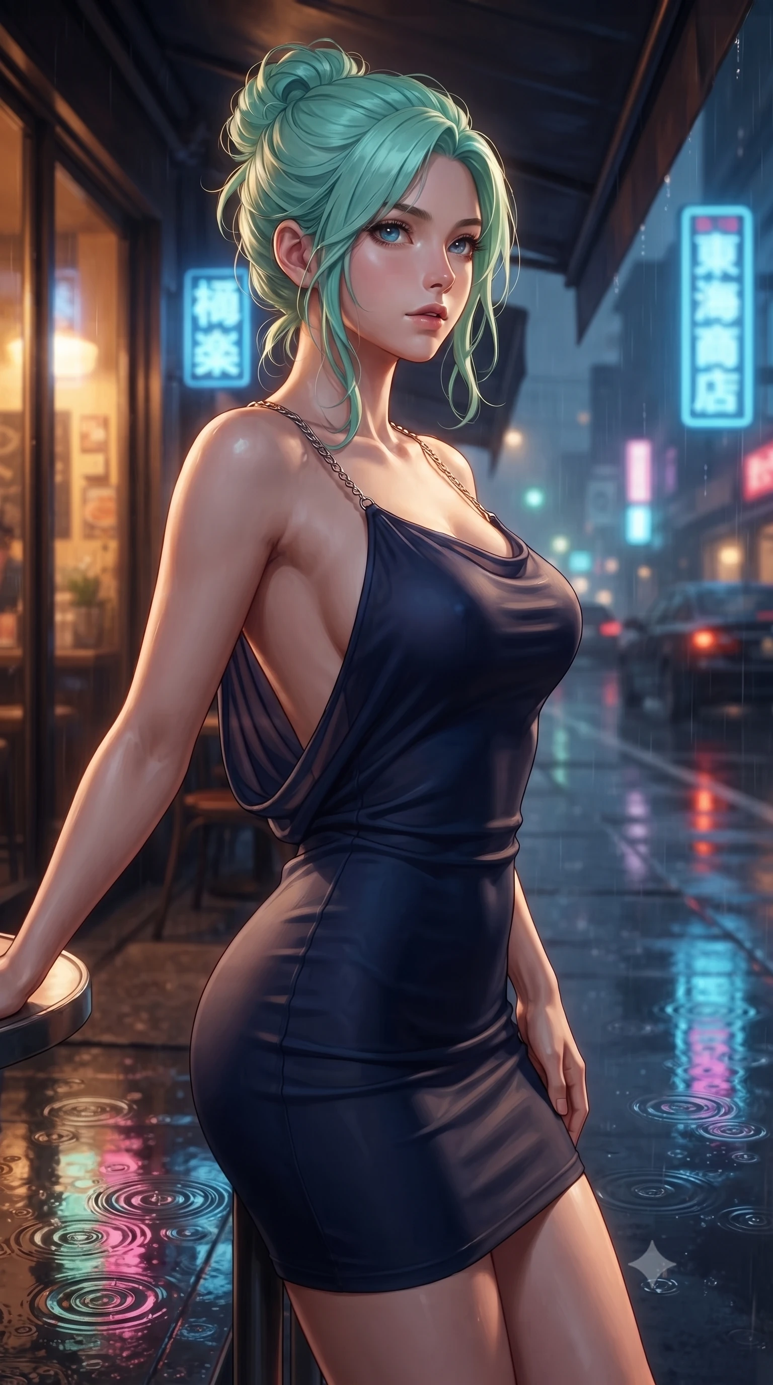 score_9, masterpiece, best quality, ultra-detailed, high-budget anime keyframe, editorial fashion photography, tasteful artistic composition, Japanese woman. close-up cowboy shot from the waist and thighs up, the character dominates the composition, filling the frame with her large presence, background elements kept in soft focus. Gazing past the camera with an air of effortless elegance and mysterious confidence resting on a covered outdoor café terrace as rain drops create ripples nearby, wet asphalt surfaces casting glossy specular highlights from surrounding signs. She has an exceptionally elegant, slender, and willowy female figure with an ultra-slim waist, a gracefully sculpted slender torso, and a refined silhouette. sharp v-shaped jawline, high-bridge nose, intricate jewel-like eyes with depth, thick eyelashes, glossy lips with a natural sheen. wearing a precision-fitted liquid jersey bodycon dress with a draped back in midnight navy blue and chrome trim, woven from fine semi-opaque sheer organza, adorned with delicate metallic chain straps along the neckline, the glove-like fit emphasizing her statuesque silhouette. illuminated by warm indoor golden amber light and cool rainy blue neon rim light. ultra-reflective glossy finish, specular highlights, metallic sheen, high-contrast stereoscopic depth, volumetric dynamic lighting, 2k, ultra detail, master piece, 9:16 ratio
