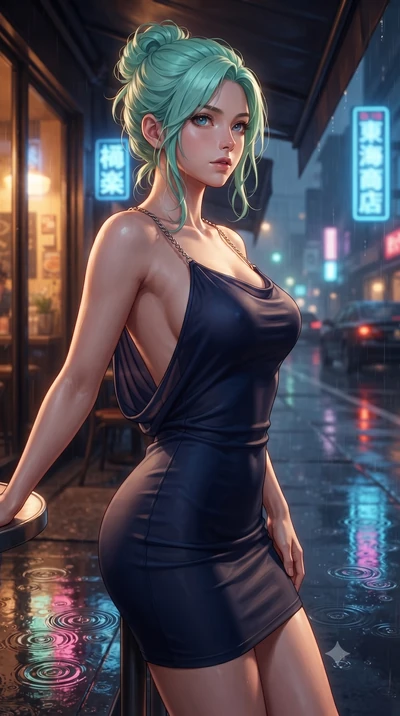 score_9, masterpiece, best quality, ultra-detailed, high-budget anime keyframe, editorial fashion photography, tasteful artistic composition, Japanese woman. close-up cowboy shot from the waist and thighs up, the character dominates the composition, 