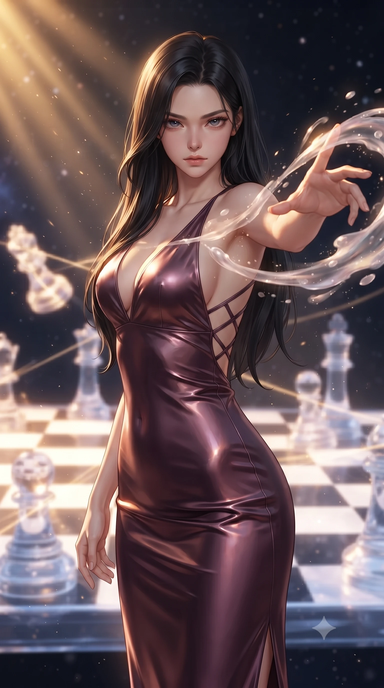 score_9, masterpiece, best quality, ultra-detailed, high-budget anime keyframe, editorial fashion photography, tasteful artistic composition, realistic cosplay photography, Korean woman. close-up cowboy shot from the waist and thighs up, the character dominates the composition, filling the frame with her large presence, background elements kept in soft focus. Unleashing a wave of force with an outstretched hand, her gaze locked on the target. set against a soft-focus background of a giant glowing chess board floating in space, with massive translucent chess pieces moving in response to energy lines. She has an exceptionally elegant and slender, willowy female figure with an ultra-slim waist, a gracefully sculpted slender torso, and a refined slim physique. sharp v-shaped jawline, high-bridge nose, intricate jewel-like eyes with depth, thick eyelashes, glossy lips with a natural sheen. wearing catching and diffusing the glowing particles, shimmering softly in response to the surrounding light, a slim-fit dark plum dress with a deep plunging V-neckline and a criss-cross strap back design. golden hour sunlight streaming in warm shafts with floating dust particles catching the light. ultra-reflective glossy finish, specular highlights, metallic sheen, high-contrast stereoscopic depth, volumetric dynamic lighting, 2k, ultra detail, master piece, 9:16 ratio