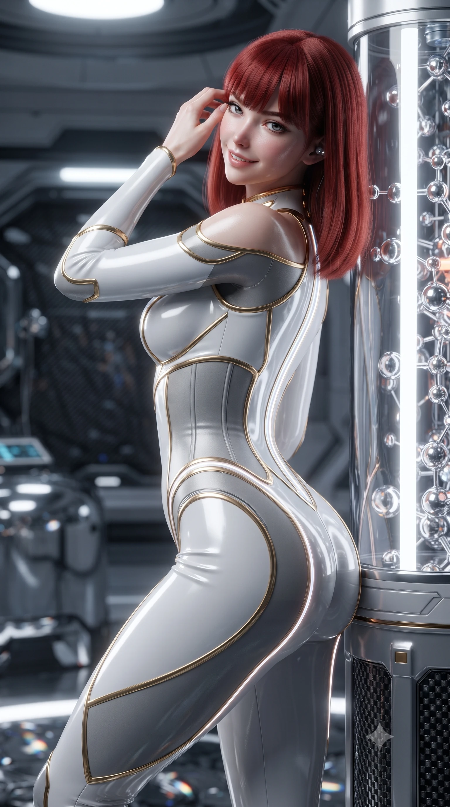 score_9, masterpiece, best quality, ultra-detailed, high-budget anime keyframe, editorial fashion photography, tasteful artistic composition, Caucasian woman. close-up cowboy shot from the waist and thighs up, the character dominates the composition, filling the frame with her large presence. tilting her head with a captivating smile while arching her spine with dancer poise, one hand adjusting her ear comm-link in a flirtatious S-curve while leaning against an illuminated molecular assembler column with hips cocked back, looking over her shoulder with an alluring, dangerous gaze. The surrounding environment is rendered in vivid detail and crisp panoramic clarity: detailed carbon-plated suit weave, chrome specular reflections on skin, and futuristic nanotechnology laboratory in razor-sharp precision. She has an exceptionally elegant, slender, and willowy female figure with an ultra-slim waist, flat toned midriff, narrow ribcage, and sculpted feminine hips creating an alluring, slim hourglass silhouette without bulk. sharp v-shaped jawline, high-bridge nose, intricate jewel-like sparkling eyes with depth, thick eyelashes, glossy parted lips with a natural sheen, bright confident smile with an enchanting and coquettish sensual glint, exuding both youthful magnetic charm and sovereign high-tech allure, flawlessly proportioned anatomical accuracy, strict slender model proportions, natural body alignment, perfectly sculpted long slender limbs, ultra-slim waistline, clean dynamic posture without body distortion. wearing a form-fitting white-and-gold zero-gravity EVA jumpsuit with an ultra-slim corseted waist and exposed clavicle line in reflective liquid mercury and matte phantom grey, formed from supple thermal silicone composite adhering seamlessly like a second skin, accented with glowing neon fiber-optic piping tracing her spine and hip lines, the high-waisted tailoring accentuating her ultra-slim waistline and the enchanting curve of her feminine hips with alluring dark charm. bathed in the blinding mirror-like sheen and specular reflections of liquid mercury pools. ultra-reflective glossy finish, specular highlights, rich textural contrasts, high-contrast stereoscopic depth, volumetric dynamic lighting, 2k, ultra detail, master piece, 9:16 ratio