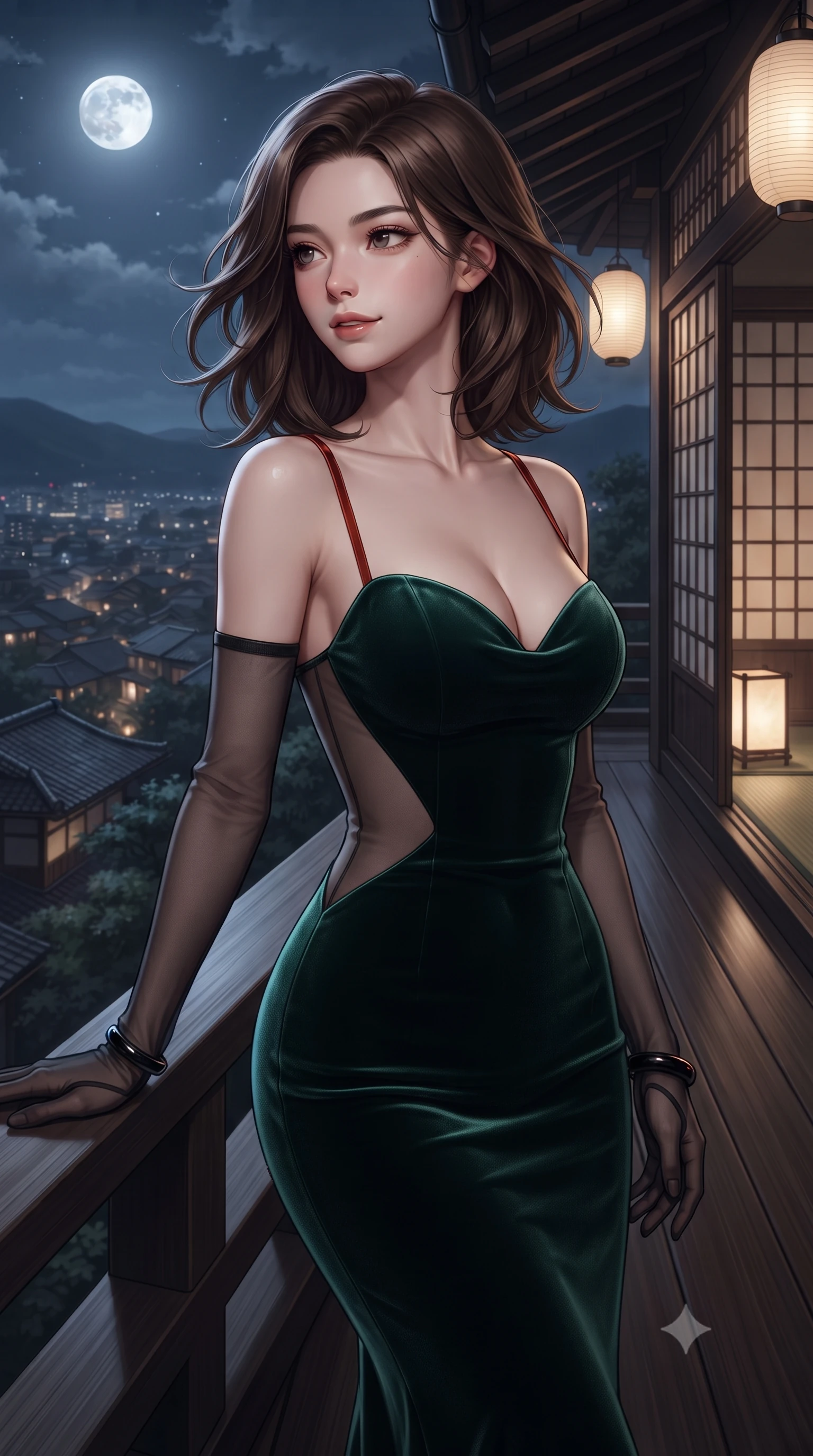 score_9, masterpiece, best quality, ultra-detailed, high-budget anime keyframe, editorial fashion photography, tasteful artistic composition, Korean woman. close-up cowboy shot from the waist and thighs up, the character dominates the composition, filling the frame with her large presence. turning slowly with an enchanting smoldering smile, her glossy hair tossing in the breeze as her hips angle gracefully in a captivating contrapposto while standing poised on the cantilevered dark cedar deck high over Kyoto valley, arching her spine with breathtaking supermodel elegance against the moonlit skyline. The surrounding environment is rendered in vivid detail and crisp panoramic clarity: detailed plunging cowl-neck liquid silk gown drape, obsidian wrist bangle gleam, and Japanese hillside villa design in high resolution. She has an exceptionally elegant, slender, and willowy female figure with an ultra-slim waist, flat toned midriff, narrow ribcage, and sculpted feminine hips creating an alluring, slim hourglass silhouette without bulk. sharp v-shaped jawline, high-bridge nose, sparkling eyes with hypnotic seductive depth, thick curled eyelashes, glossy parted lips with a natural dewy peach sheen, alluring bedroom-eyes with an enchanting coquettish smile, exuding magnetic siren charisma and sophisticated glamour, flawlessly proportioned anatomical accuracy, strict slender model proportions, natural body alignment, perfectly sculpted long slender limbs, ultra-slim waistline, clean dynamic posture without body distortion. wearing a deep sweetheart-neckline velvet bodycon dress with sheer side-torso cutouts accentuating her hourglass curves in Kyoto bamboo jade and lacquer vermilion, tailored from ultra-plush velvet with rich tactile depth and deep shadow gradients, complemented by sheer opera-length evening gloves tracing her slender arms, the second-skin tailored fabric adhering flawlessly to her sculpted flat midriff and slender torso, emphasizing her long leg lines and perfectly proportioned willowy build. bathed in soft low-voltage floor wash lighting combined with distant city glow and silver full moonlight. ultra-reflective glossy finish, specular highlights, rich textural contrasts, high-contrast stereoscopic depth, volumetric dynamic lighting, 2k, ultra detail, master piece, 9:16 ratio