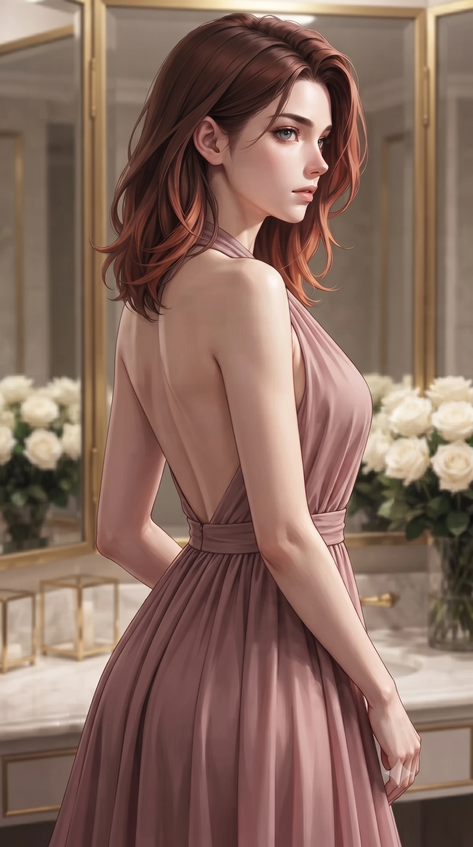 score_9, masterpiece, best quality, ultra-detailed, high-budget anime keyframe, editorial fashion photography, tasteful artistic composition, Korean woman woman. close-up cowboy shot from the waist and thighs up, the character dominates the composition, filling the frame with her large presence, background elements kept in soft focus. turning her face in sharp profile, casting a cold, mysterious, yet intensely alluring side gaze, the background shows a soft-focus a corner of a luxury hotel suite with gold-trimmed mirrors and white roses. She has an exceptionally elegant, slender, and willowy female figure with an ultra-slim waist, a gracefully sculpted slender torso, and a refined silhouette. sharp v-shaped jawline, high-bridge nose, intricate jewel-like eyes with depth, thick eyelashes, glossy lips with a natural sheen. wearing a tailored deep plunging-V neck maxi dress in dusty rose chiffon with a bold halter neck and low-cut back. soft spotlighting highlighting the silk textures of her gown. ultra-reflective glossy finish, specular highlights, metallic sheen, high-contrast stereoscopic depth, volumetric dynamic lighting, 2k, ultra detail, master piece, 9:16 ratio