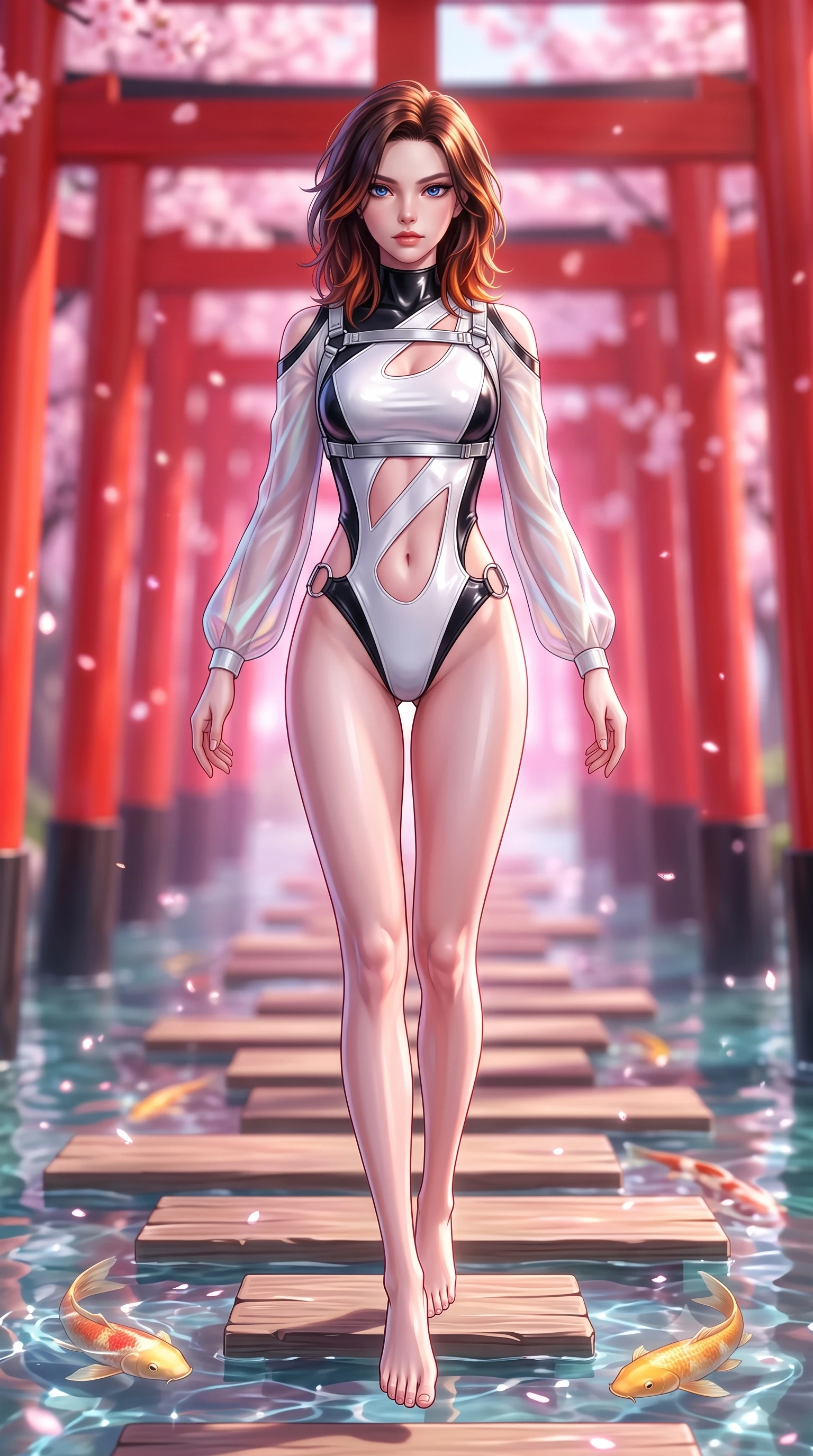 score_9, masterpiece, best quality, ultra-detailed, high-budget anime keyframe, semi-realistic 3D game render, editorial fashion photography, tasteful artistic composition, Korean woman. low angle full-body shot from head to toe showing her feet, filling the entire 9:16 vertical frame with her statuesque presence, stretching her vertical silhouette. performing an alluring mid-air vault with flawless poise, looking directly into the camera with smoldering intensity while stepping along a floating wooden walkway as golden koi swim beneath the clear water surface. The composition keeps background elements in soft focus with creamy bokeh. dense arcades of vermilion torii gates and pink cherry blossoms blurred into vibrant scarlet and pastel bokeh. She has an absolutely perfect, statuesque 8.5-heads proportion, an exceptionally tall and slender model-like female figure with impossibly long slender legs, a toned flat midriff, and an ultra-slim waist. sharp v-shaped jawline, high-bridge nose, intricate jewel-like eyes with depth, thick eyelashes, glossy lips with a natural sheen, flawlessly proportioned anatomical accuracy, strict slender model proportions, natural body alignment, perfectly sculpted long slender limbs, ultra-slim waistline, clean dynamic posture without body distortion. wearing an ultra-sleek high-cut tech-bodysuit featuring dangerous diagonal slitted cutouts on the midriff and shoulders, reinforced by a metallic silver harness and sheer mesh sleeves in high-gloss monochrome white and sharp black contrast, made of smooth iridescent silk chiffon that shifts colors with movement, detailed with polished silver rings connecting the daring side-waist cutouts, the precision-cut daring openings accentuating her delicate midriff, graceful bare collarbones, and ultra-slim feminine waistline. illuminated by soft glowing pink ambient light and sparkling water refractions. highly saturated vibrant anime colors, detailed shading with soft gradients, rich glossy textures, high-contrast stereoscopic depth, volumetric dynamic lighting, master piece, 9:16 ratio