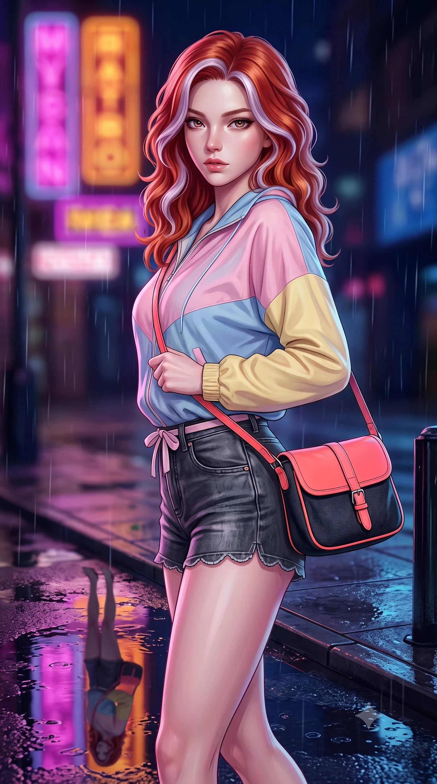 score_9, masterpiece, best quality, ultra-detailed, high-budget anime keyframe, semi-realistic 3D game render, editorial fashion photography, tasteful artistic composition, Caucasian woman. close-up cowboy shot from the waist and thighs up, the character dominates the composition, filling the frame with her large presence. radiating intense magnetic charisma with jewel-like eyes locked onto the viewer, her upper body turning in a dynamic, fluid S-curve while twirling on the wet sidewalk corner as neon reflection puddles create mirror images of her slender silhouette. The composition keeps background elements in soft focus with creamy bokeh. streaming glass raindrop streaks and distant neon shop signs blurred into dreamy magenta, amber, and deep blue bokeh. She has an exceptionally elegant, slender, and willowy female figure with an ultra-slim waist, a gracefully sculpted slender torso, toned flat midriff, and a refined slim silhouette. sharp v-shaped jawline, high-bridge nose, intricate jewel-like eyes with depth, thick eyelashes, glossy lips with a natural sheen, captivating and magnetic expression, flawlessly proportioned anatomical accuracy, strict slender model proportions, natural body alignment, perfectly sculpted long slender limbs, ultra-slim waistline, clean dynamic posture without body distortion. wearing a retro pastel colorblock windbreaker paired with high-waisted denim shorts and a canvas crossbody bag in retro neon coral and washed black denim, crafted from distressed supple genuine leather and soft ribbed cotton knit, finished with a dainty waist ribbon bow and scalloped hemline trims, the form-contouring material adhering flawlessly to her sculpted flat midriff and slender torso, emphasizing her long leg lines and perfectly proportioned willowy build. illuminated by soft glowing highlights defining her delicate features, glossy lips, and slender torso. highly saturated vibrant anime colors, detailed shading with soft gradients, rich glossy textures, high-contrast stereoscopic depth, volumetric dynamic lighting, master piece, 9:16 ratio