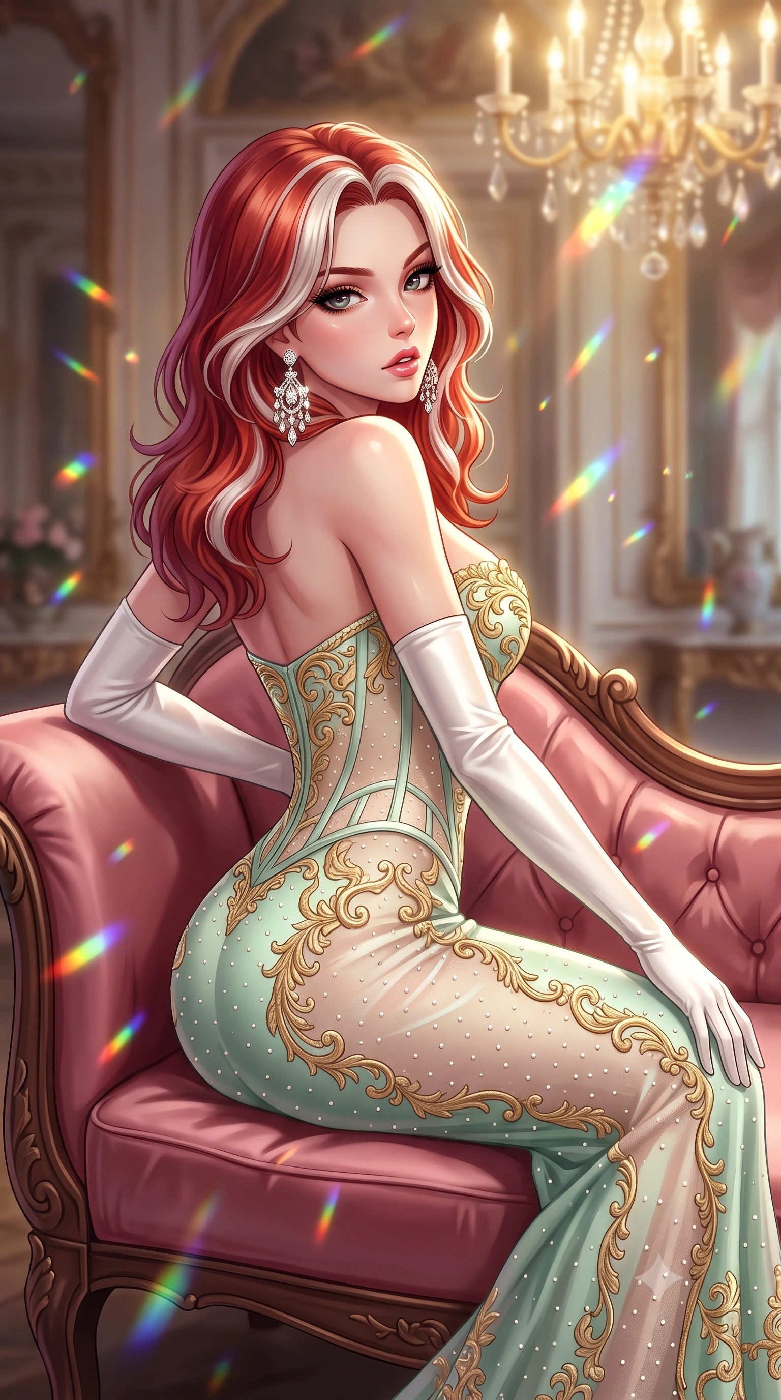 score_9, masterpiece, best quality, ultra-detailed, high-budget anime keyframe, semi-realistic 3D game render, editorial fashion photography, tasteful artistic composition, Caucasian woman. close-up cowboy shot from the waist and thighs up, the character dominates the composition, filling the frame with her large presence. twisting her slender torso in a deep contrapposto stance, hips dramatically shifted to accentuate her feminine curves while looking past her shoulder with smoldering bedroom-eyes while reclining on an antique blush silk chaise lounge with one knee drawn up, the dramatic contour of her rounded hips commanding the frame. The composition keeps background elements in soft focus with creamy bokeh. sparkling chandelier prism refractions scattering dancing rainbow light motes across the hall. She has an exceptionally elegant, slender, and willowy female figure with an ultra-slim waist, a gracefully sculpted slender torso, toned flat midriff, and rounded feminine hips creating an alluring hourglass silhouette. sharp v-shaped jawline, high-bridge nose, intricate jewel-like eyes with depth, thick eyelashes, glossy parted lips with a natural sheen, intensely captivating and seductive bedroom-eyes expression, flawlessly proportioned anatomical accuracy, strict slender model proportions, natural body alignment, perfectly sculpted long slender limbs, ultra-slim waistline, clean dynamic posture without body distortion. wearing a baroque gold-embroidered bustier gown with exposed clavicle and sculpted hip boning in delicate mint green and antique ivory, made of sheer contouring power-mesh with fine pearl flocking, accessorized with opera-length white satin gloves and sparkling chandelier earrings, the glove-like aerodynamic silhouette tightly following the natural contour of her hips and long slender legs with statuesque precision. bathed in radiant golden chandelier illumination and multi-directional mirror reflections. highly saturated vibrant anime colors, detailed shading with soft gradients, rich glossy textures, high-contrast stereoscopic depth, volumetric dynamic lighting, master piece, 9:16 ratio